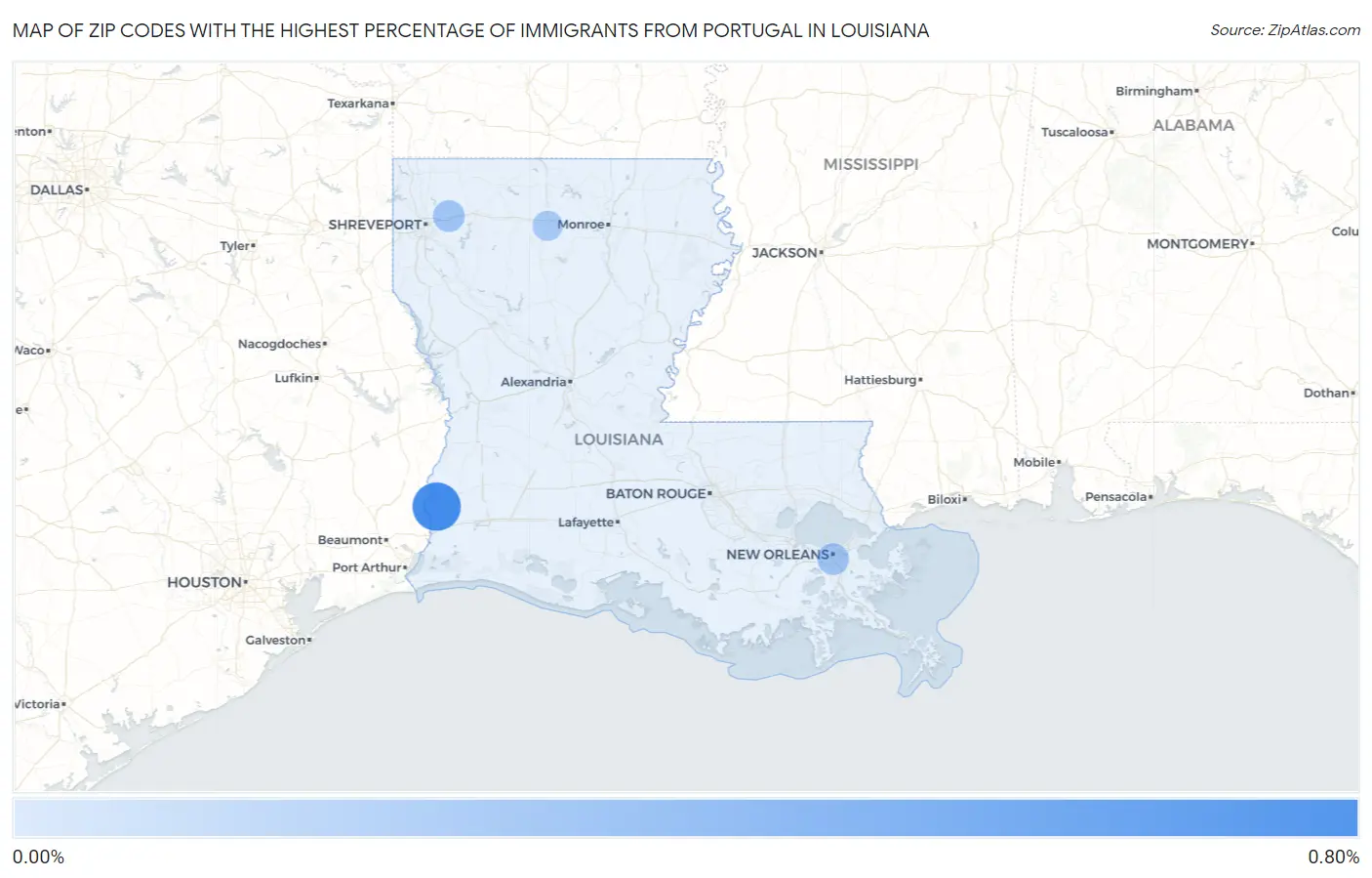 Zip Codes with the Highest Percentage of Immigrants from Portugal in Louisiana Map