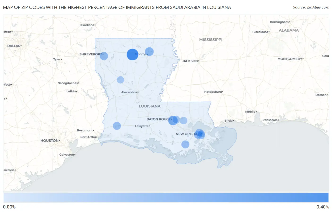 Zip Codes with the Highest Percentage of Immigrants from Saudi Arabia in Louisiana Map