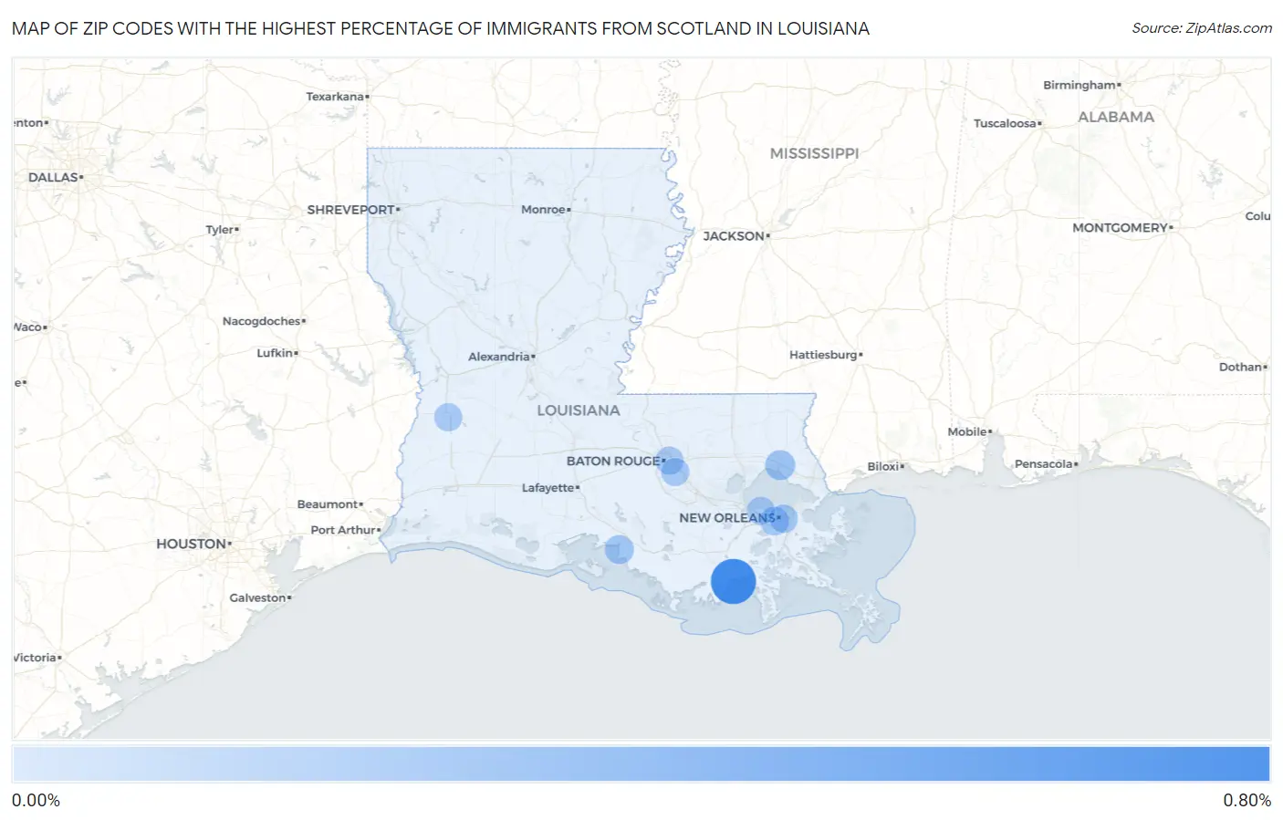 Zip Codes with the Highest Percentage of Immigrants from Scotland in Louisiana Map