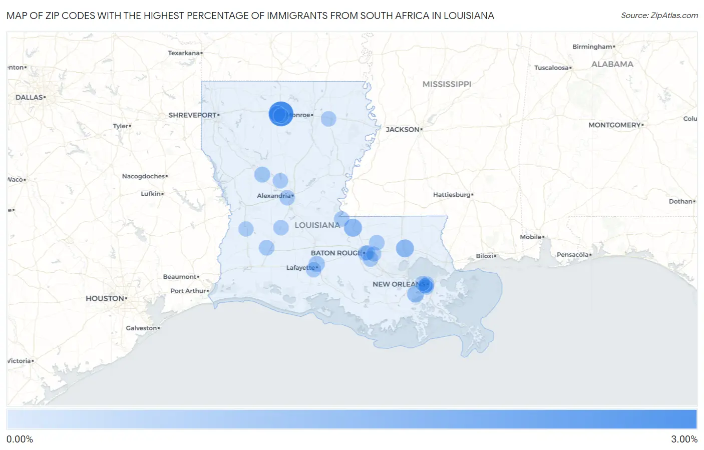 Zip Codes with the Highest Percentage of Immigrants from South Africa in Louisiana Map