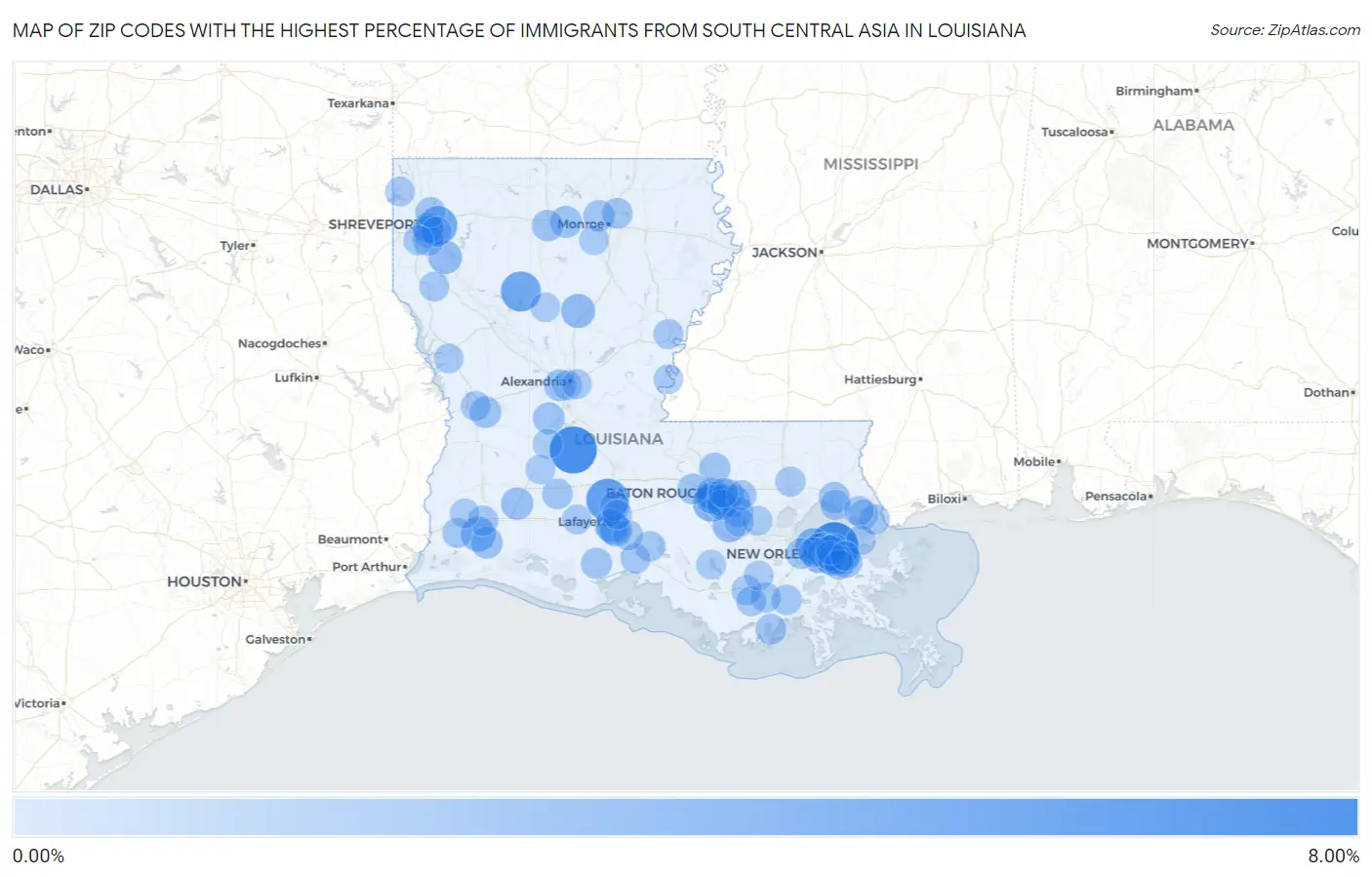 Zip Codes with the Highest Percentage of Immigrants from South Central Asia in Louisiana Map