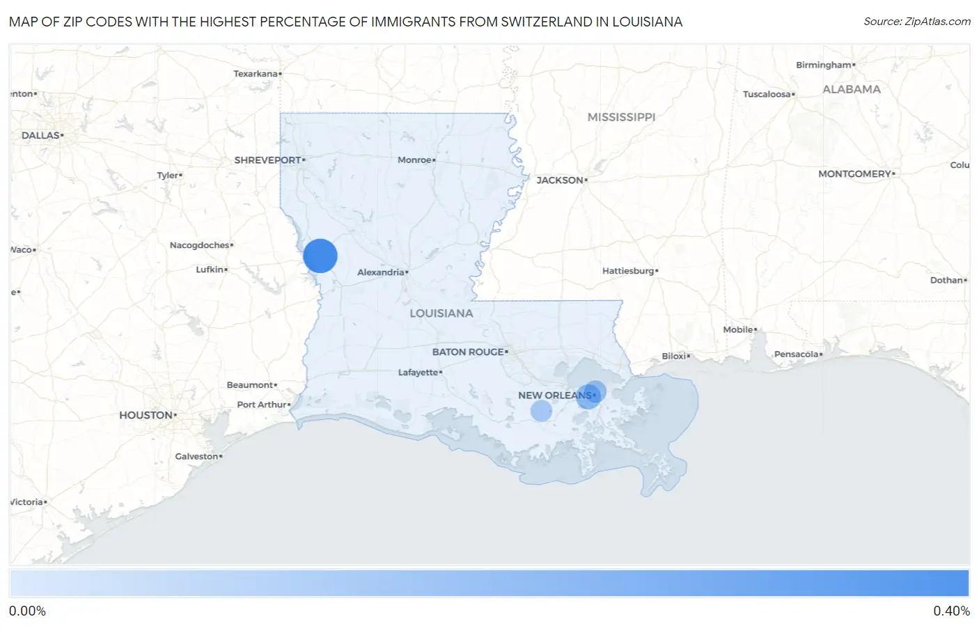 Zip Codes with the Highest Percentage of Immigrants from Switzerland in Louisiana Map