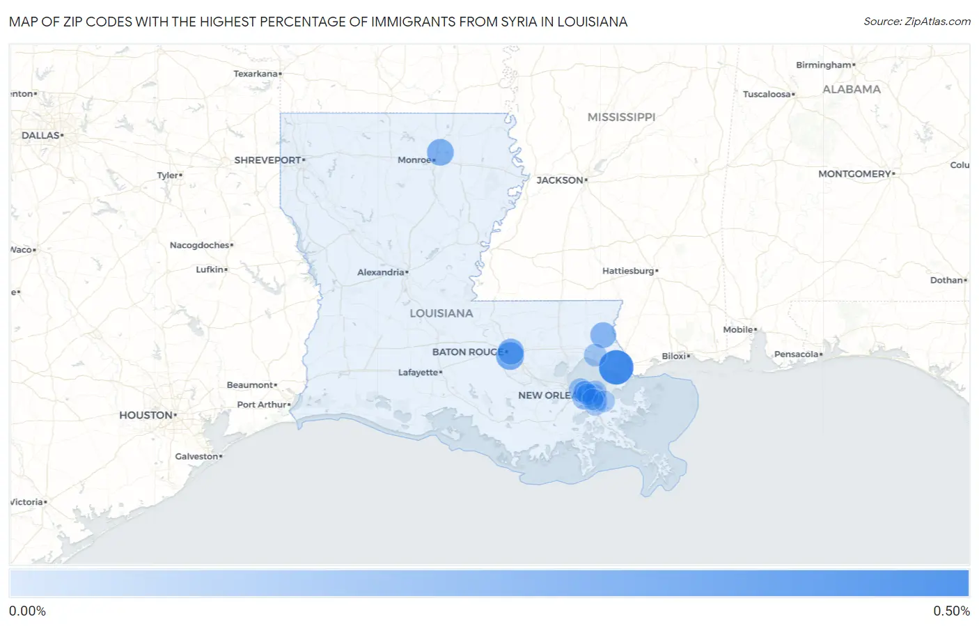 Zip Codes with the Highest Percentage of Immigrants from Syria in Louisiana Map
