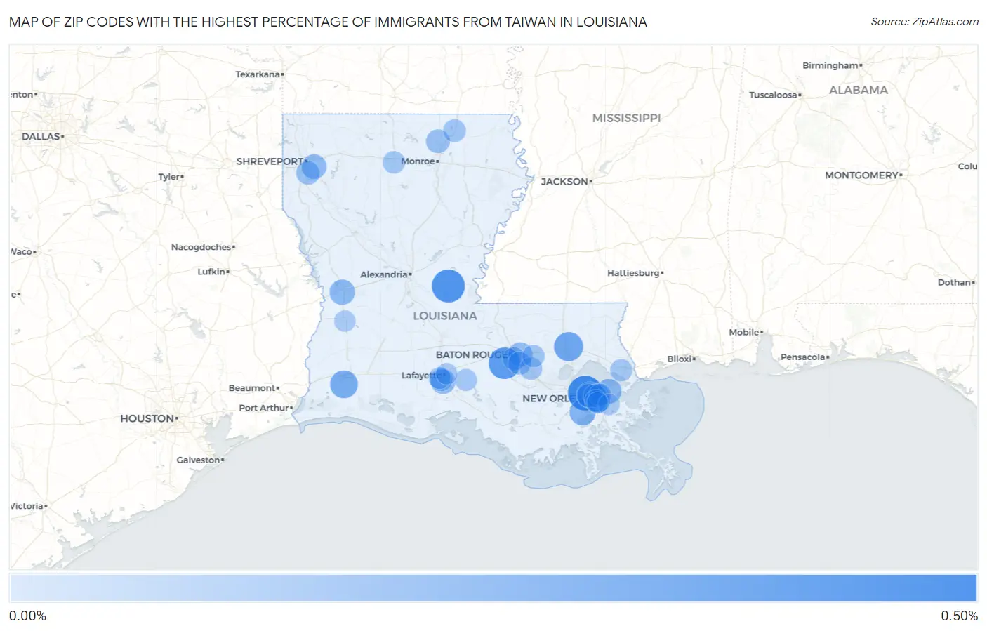 Zip Codes with the Highest Percentage of Immigrants from Taiwan in Louisiana Map