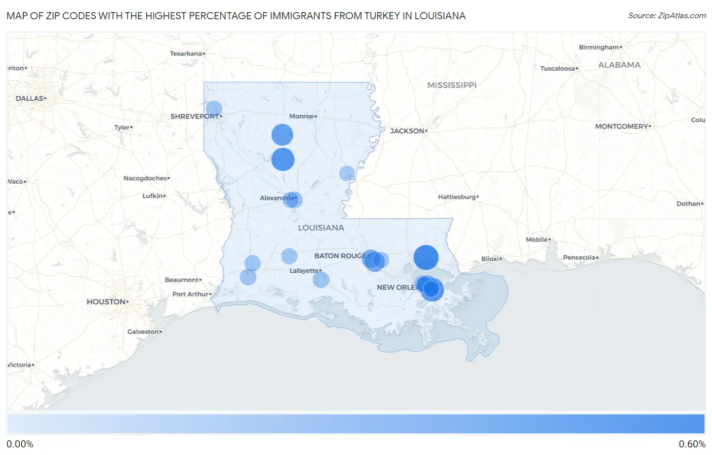 Zip Codes with the Highest Percentage of Immigrants from Turkey in Louisiana Map