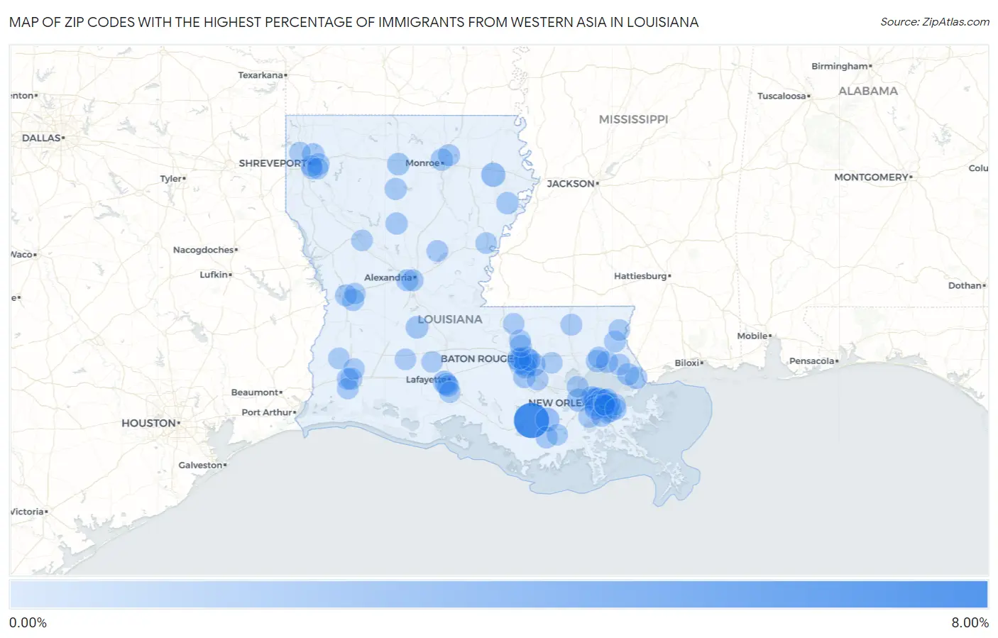 Zip Codes with the Highest Percentage of Immigrants from Western Asia in Louisiana Map
