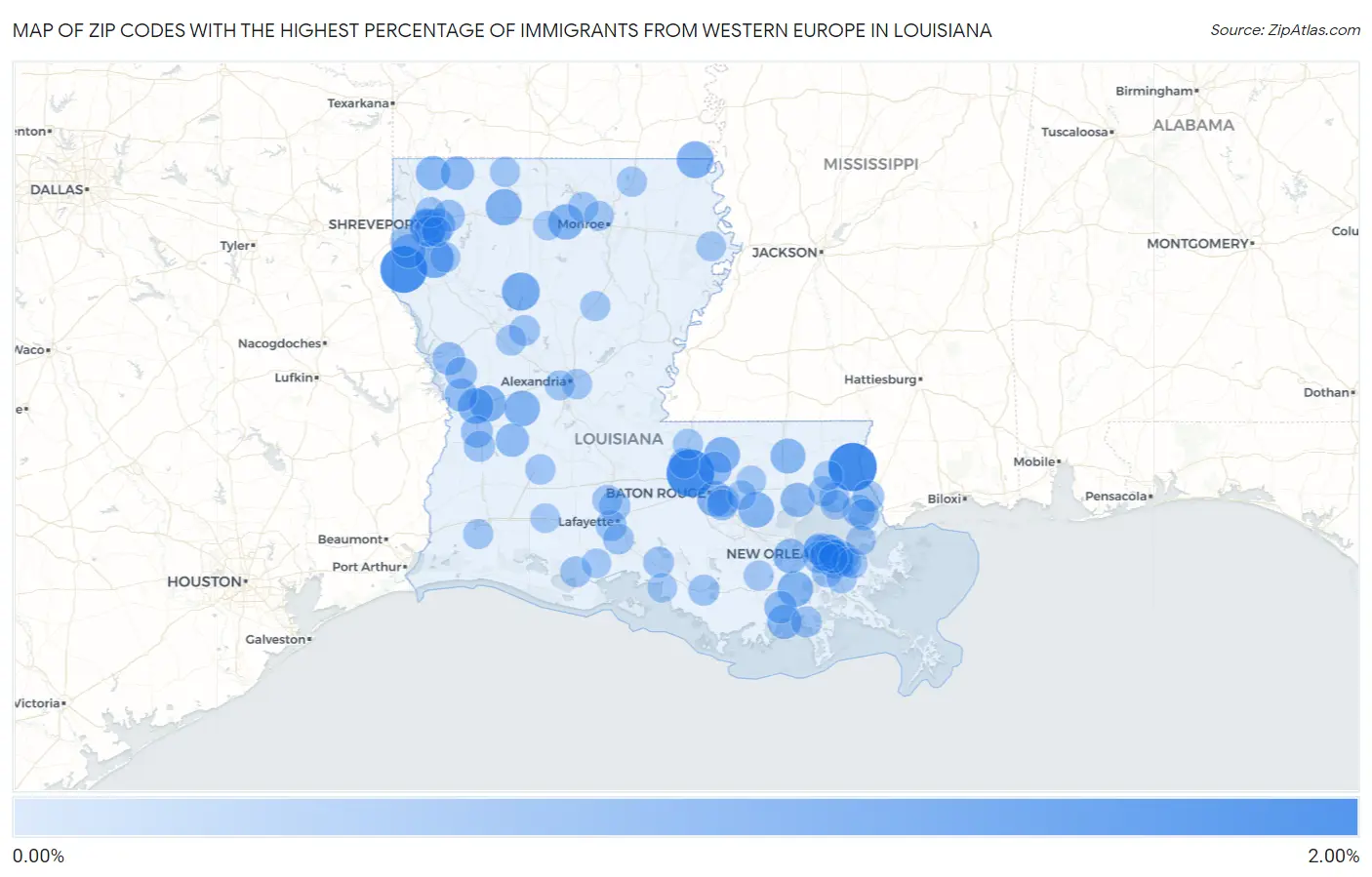 Zip Codes with the Highest Percentage of Immigrants from Western Europe in Louisiana Map