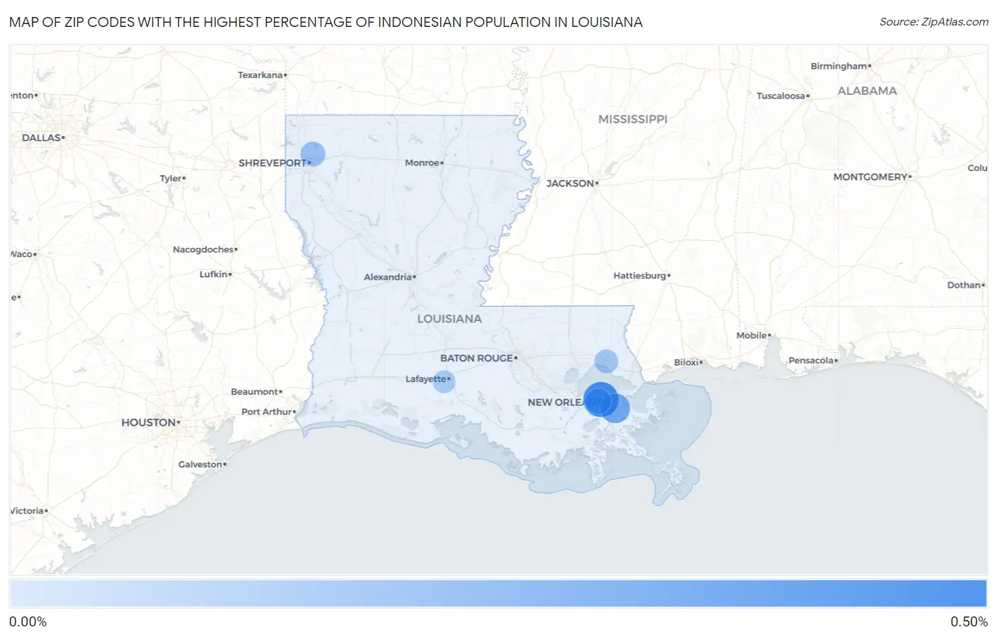 Zip Codes with the Highest Percentage of Indonesian Population in Louisiana Map