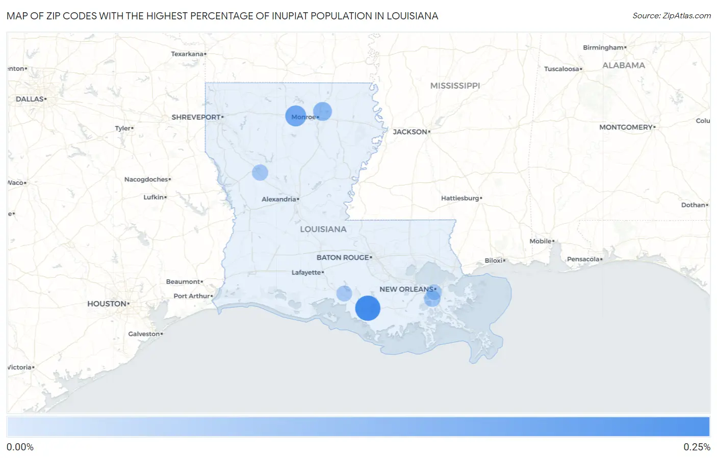 Zip Codes with the Highest Percentage of Inupiat Population in Louisiana Map