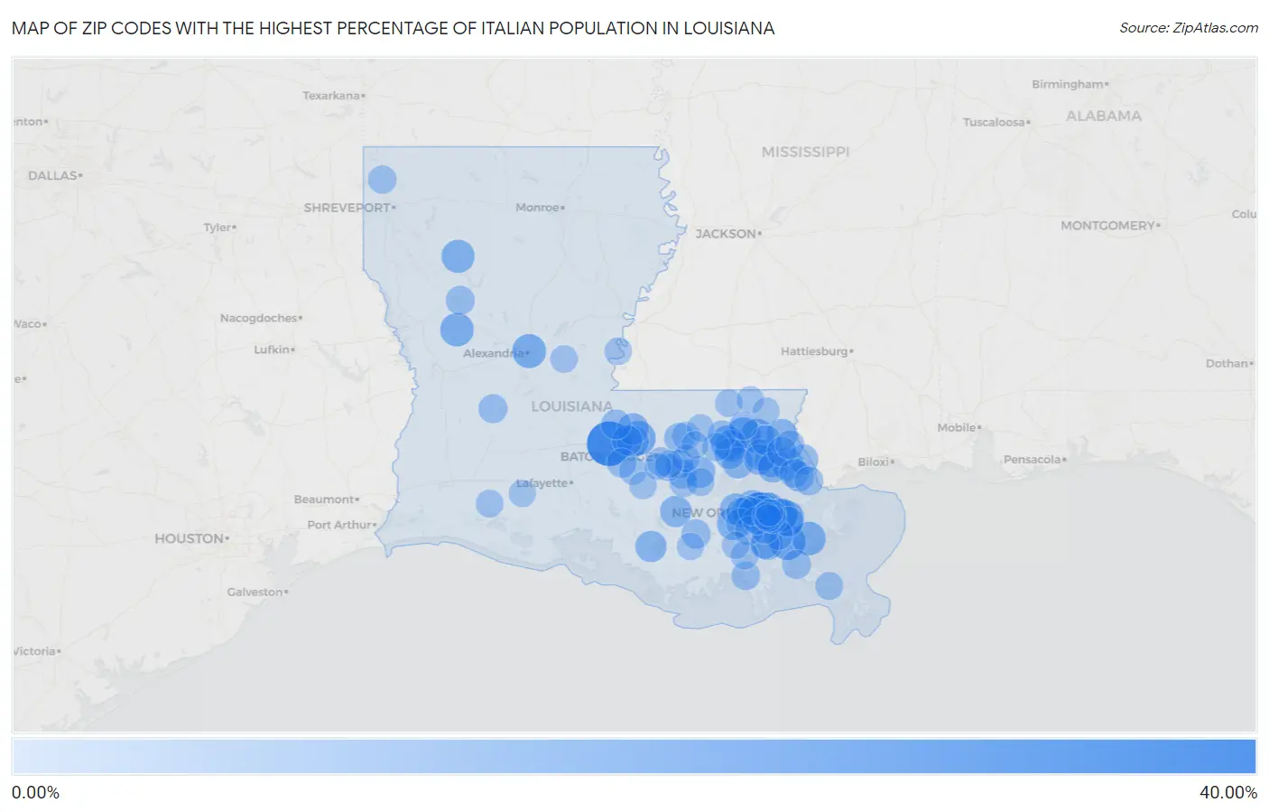 Zip Codes with the Highest Percentage of Italian Population in Louisiana Map