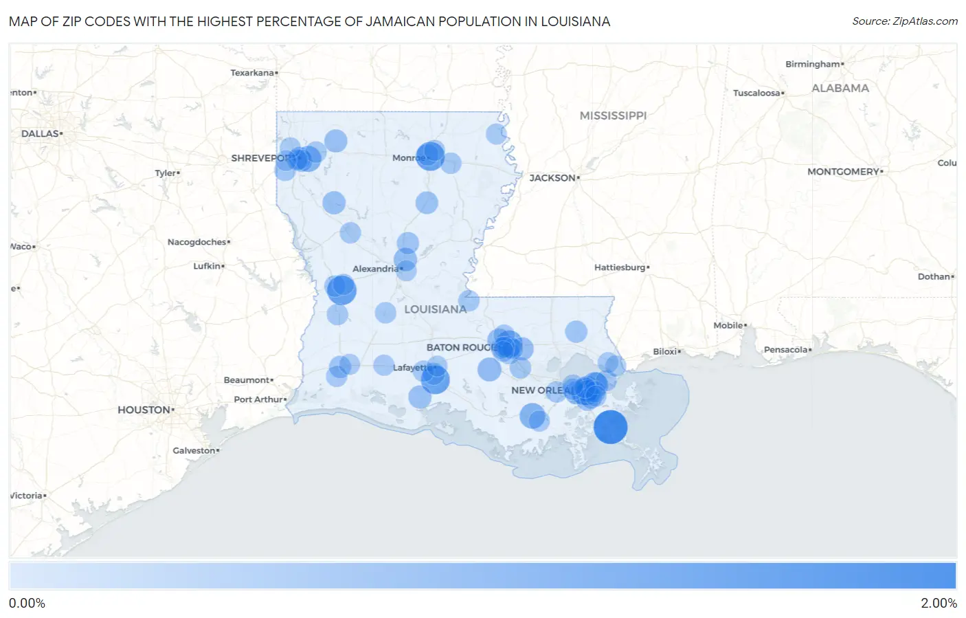 Zip Codes with the Highest Percentage of Jamaican Population in Louisiana Map