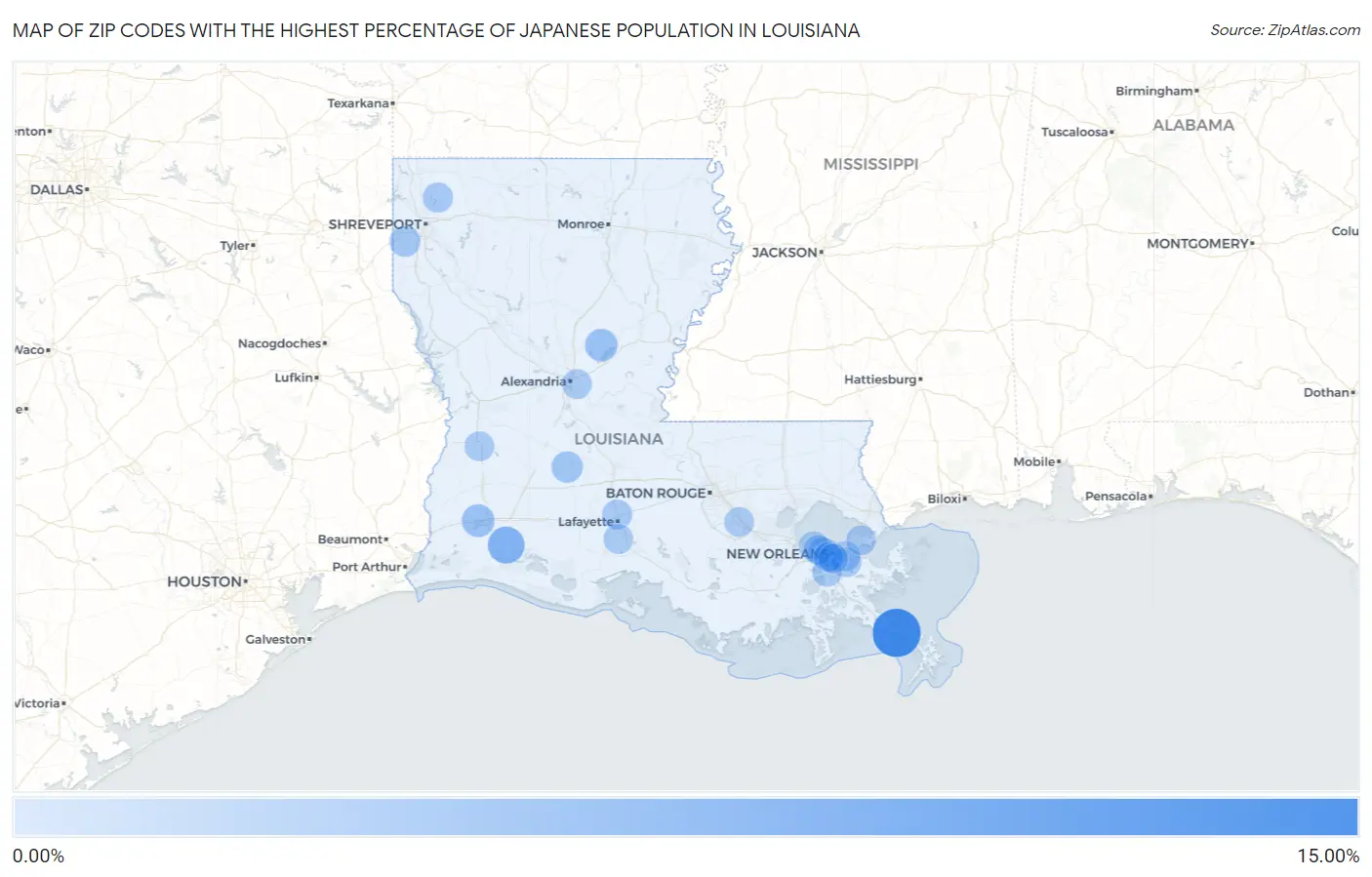 Zip Codes with the Highest Percentage of Japanese Population in Louisiana Map