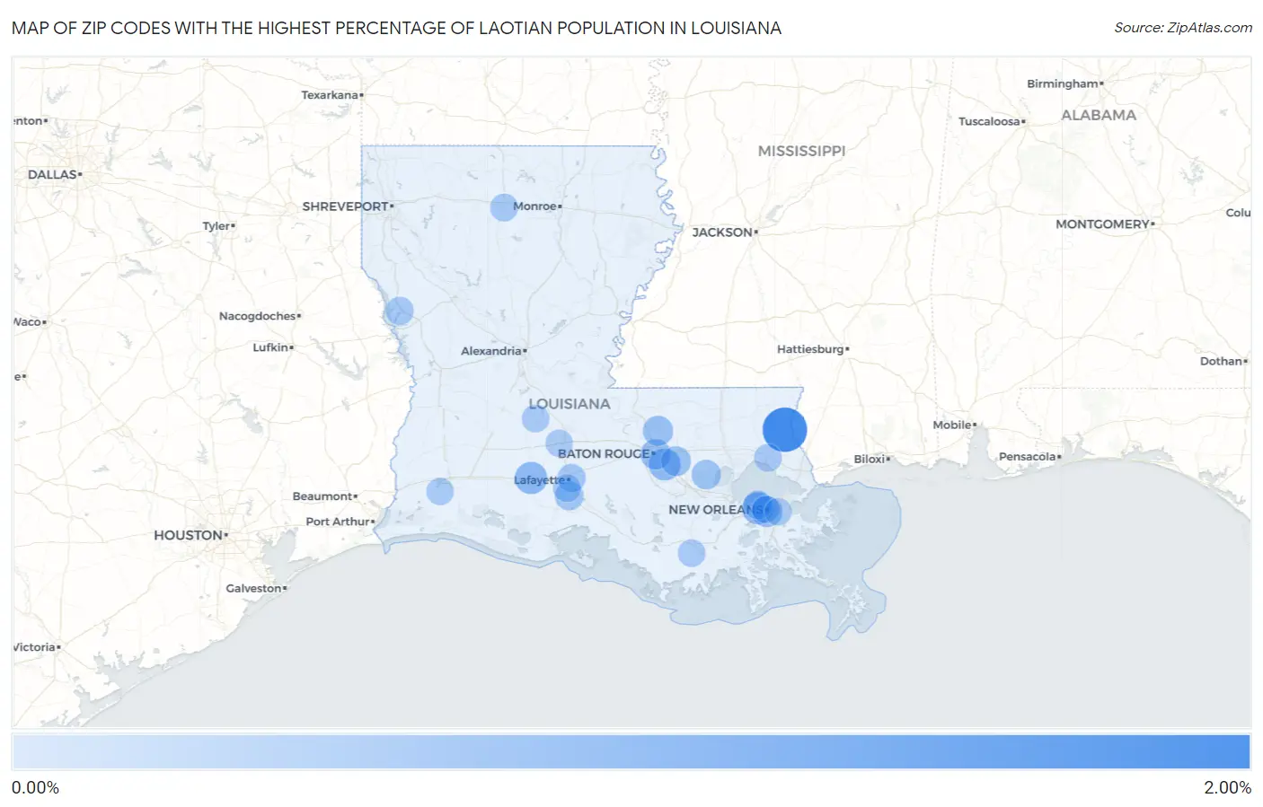 Zip Codes with the Highest Percentage of Laotian Population in Louisiana Map