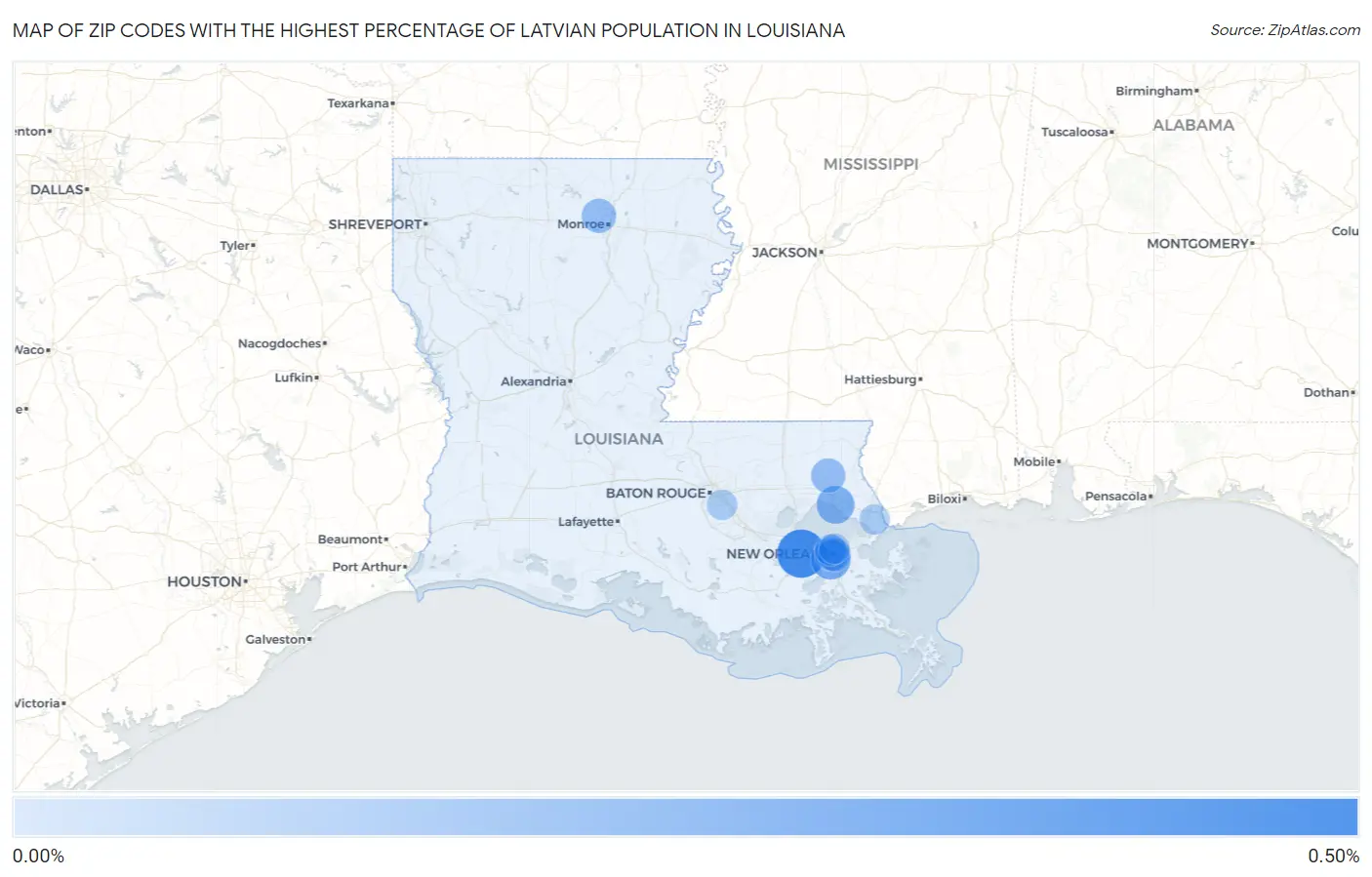 Zip Codes with the Highest Percentage of Latvian Population in Louisiana Map