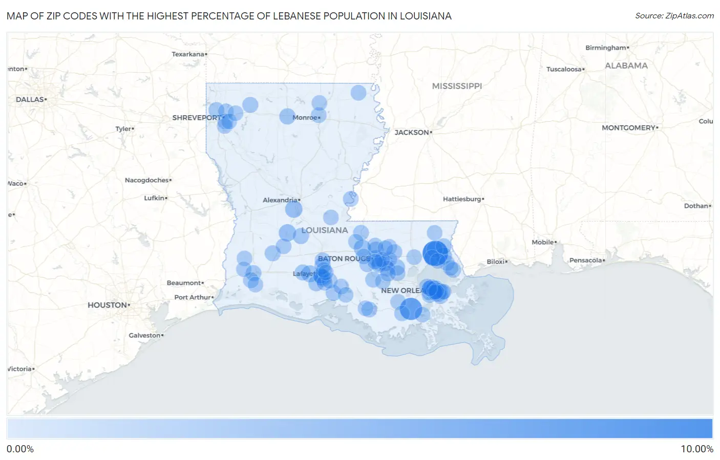 Zip Codes with the Highest Percentage of Lebanese Population in Louisiana Map