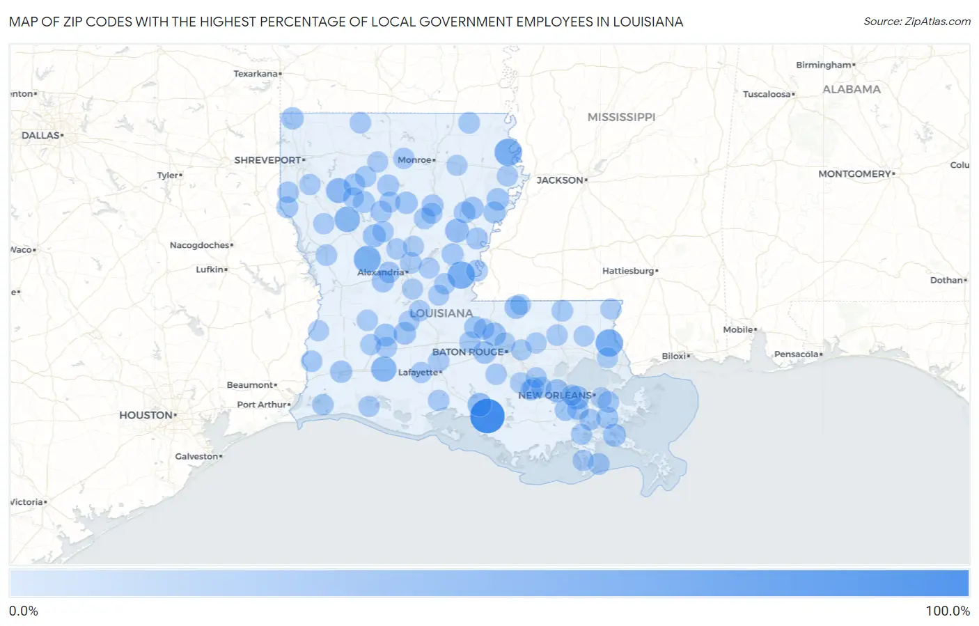 Zip Codes with the Highest Percentage of Local Government Employees in Louisiana Map