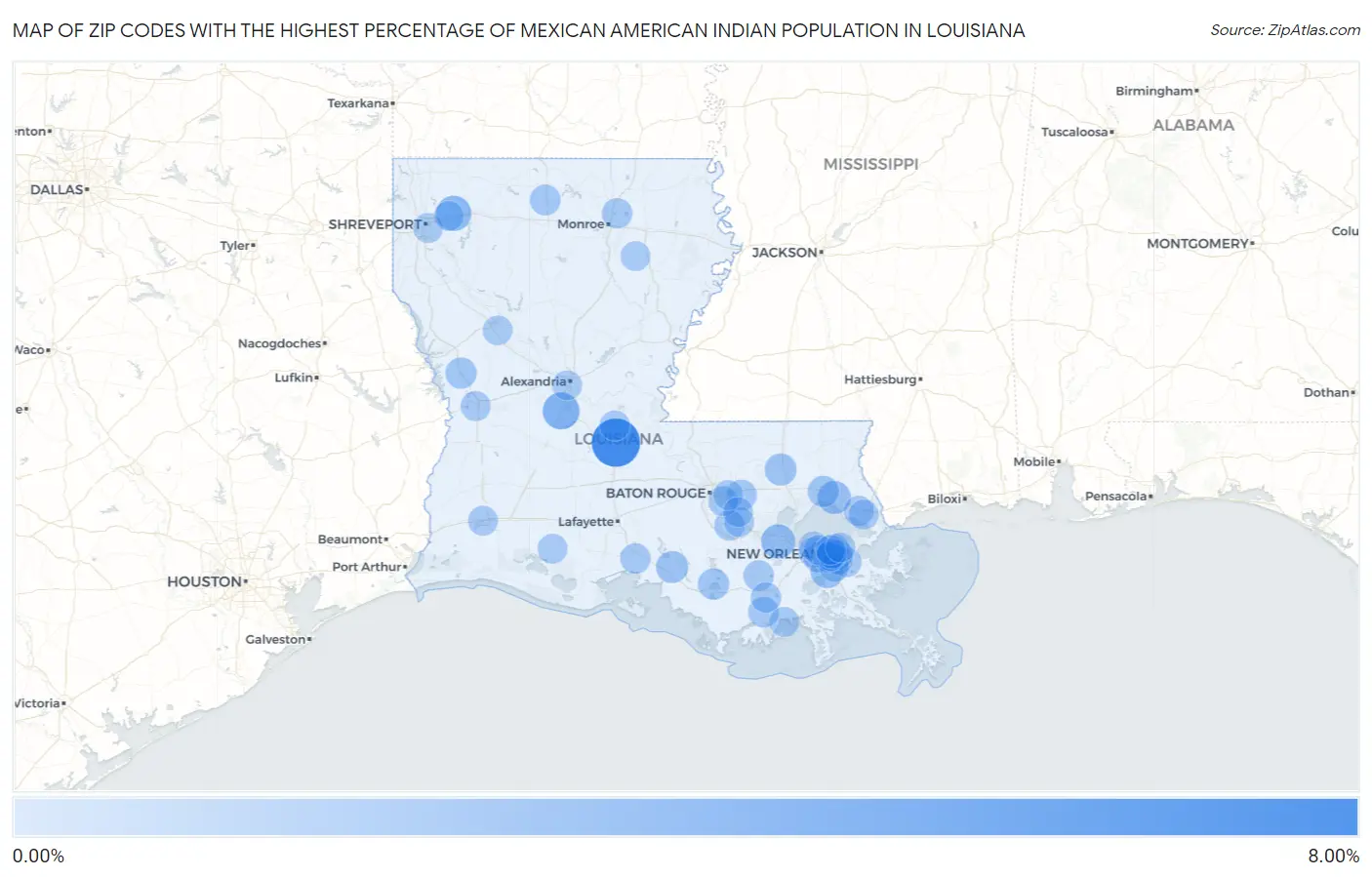 Zip Codes with the Highest Percentage of Mexican American Indian Population in Louisiana Map