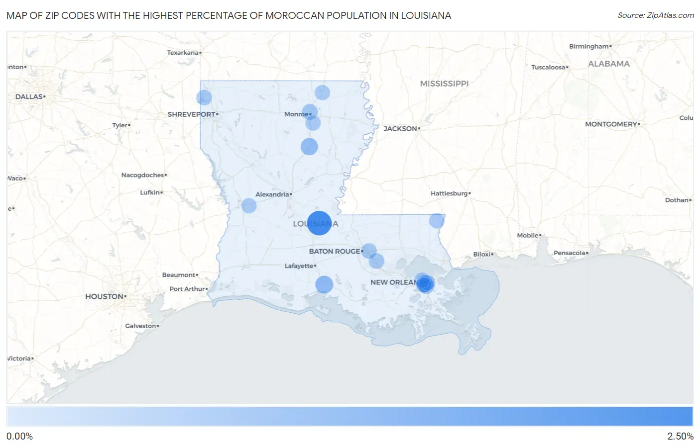 Zip Codes with the Highest Percentage of Moroccan Population in Louisiana Map