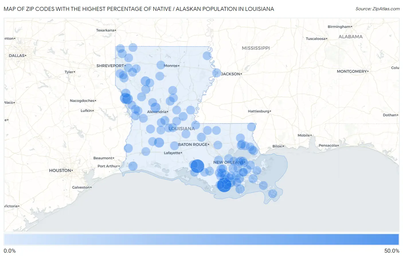 Zip Codes with the Highest Percentage of Native / Alaskan Population in Louisiana Map