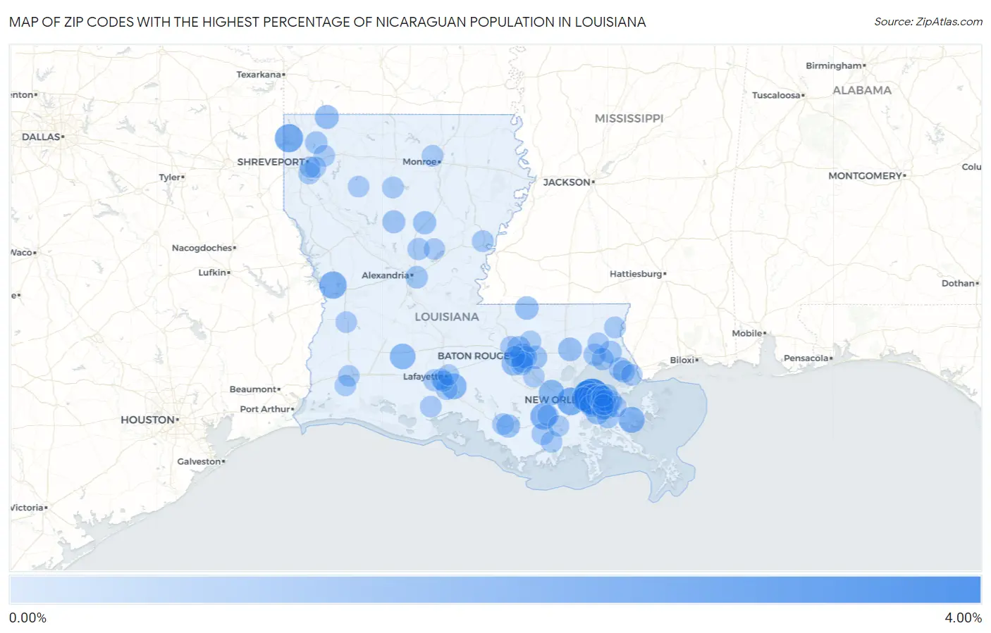 Zip Codes with the Highest Percentage of Nicaraguan Population in Louisiana Map