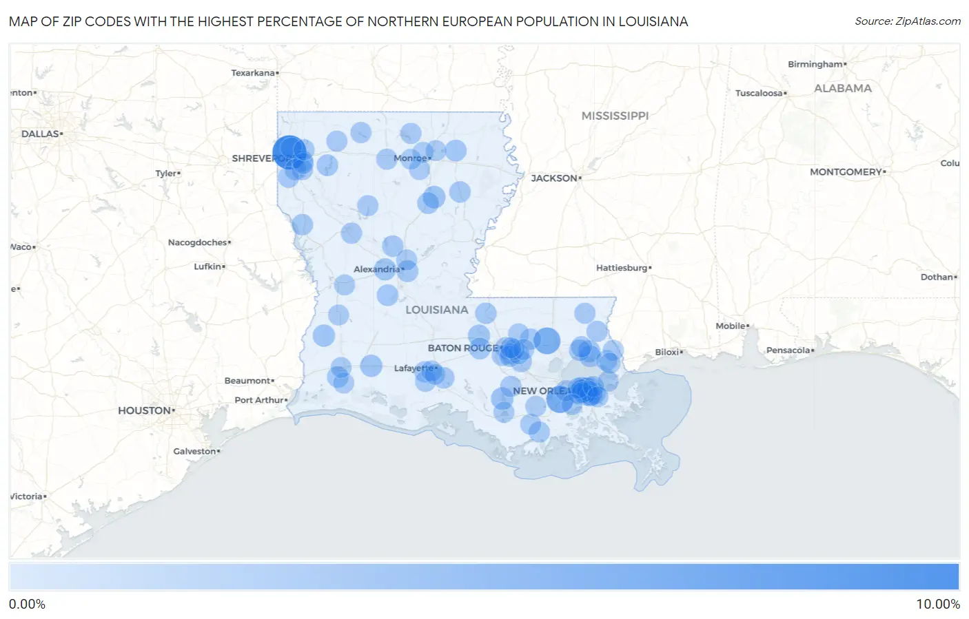 Zip Codes with the Highest Percentage of Northern European Population in Louisiana Map