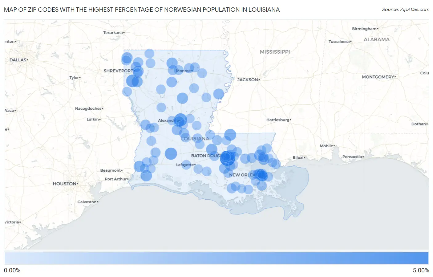 Zip Codes with the Highest Percentage of Norwegian Population in Louisiana Map