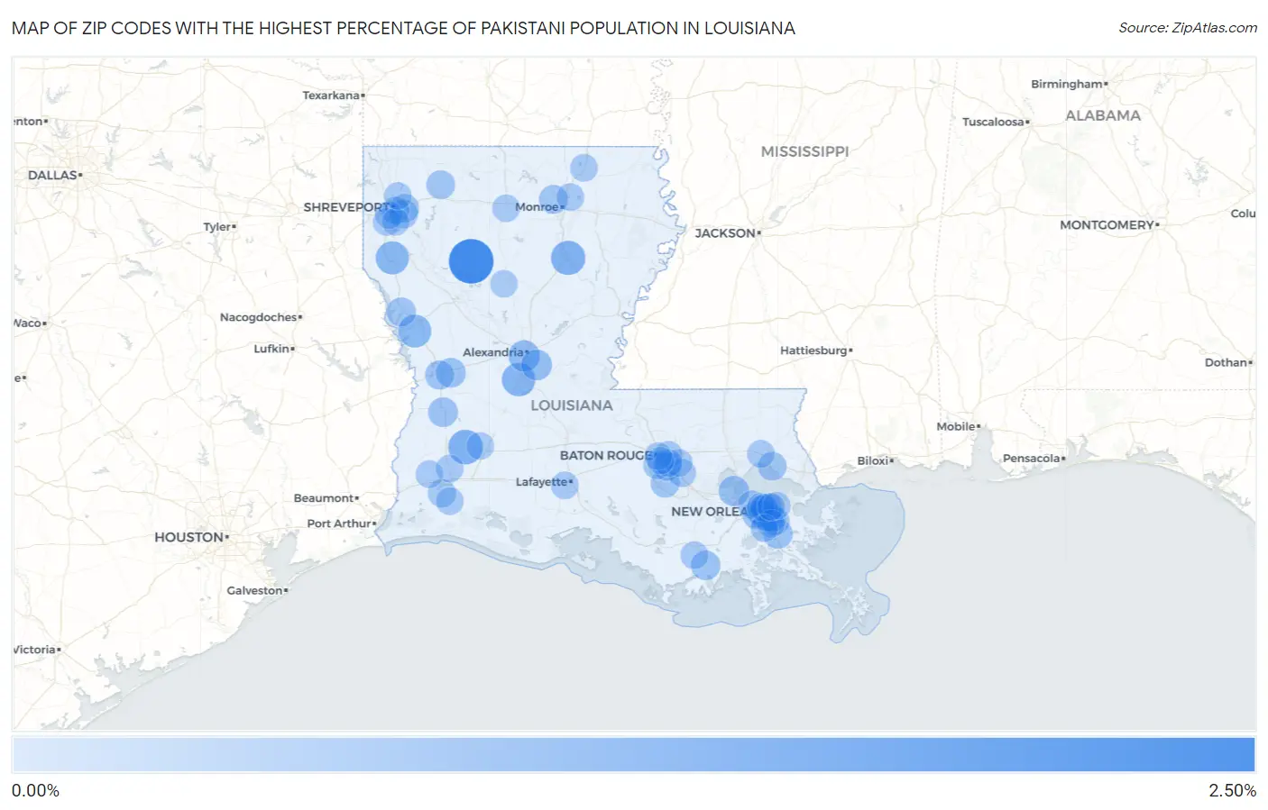 Zip Codes with the Highest Percentage of Pakistani Population in Louisiana Map