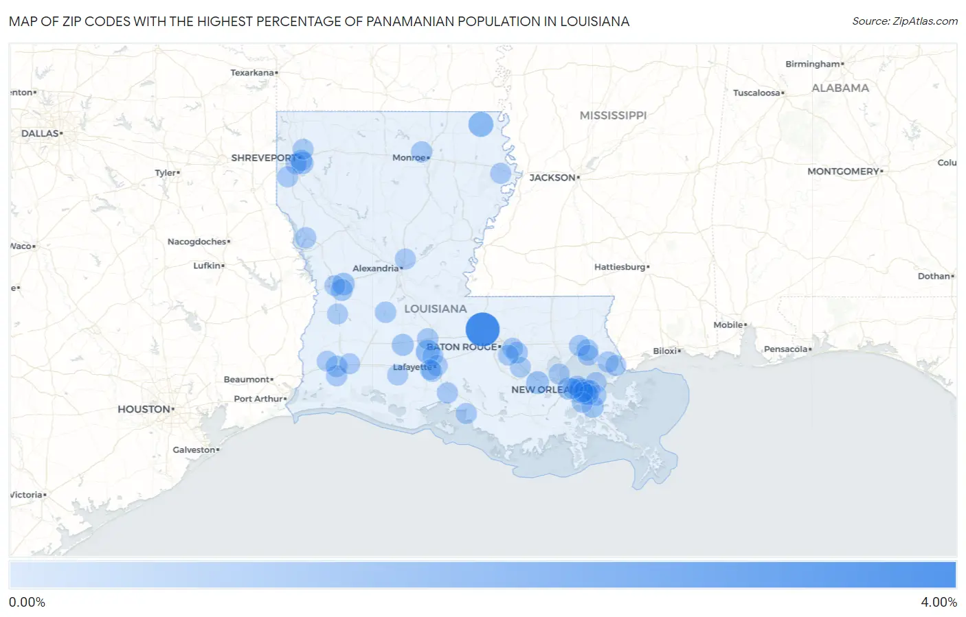 Zip Codes with the Highest Percentage of Panamanian Population in Louisiana Map