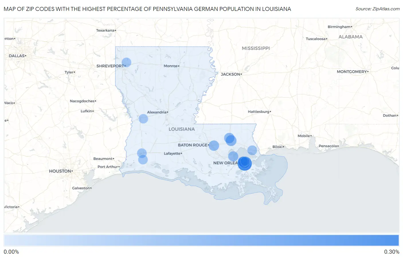 Zip Codes with the Highest Percentage of Pennsylvania German Population in Louisiana Map