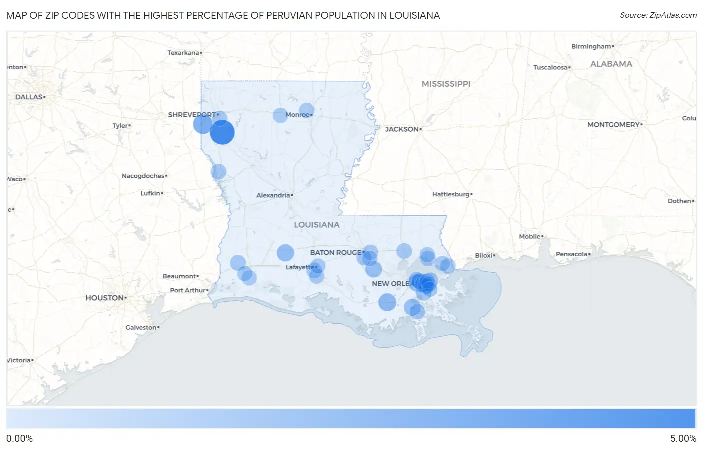 Zip Codes with the Highest Percentage of Peruvian Population in Louisiana Map