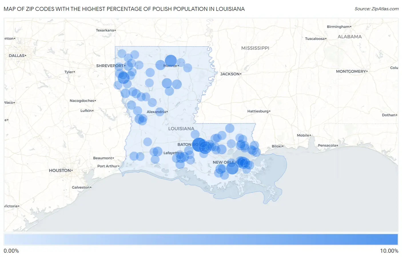 Zip Codes with the Highest Percentage of Polish Population in Louisiana Map