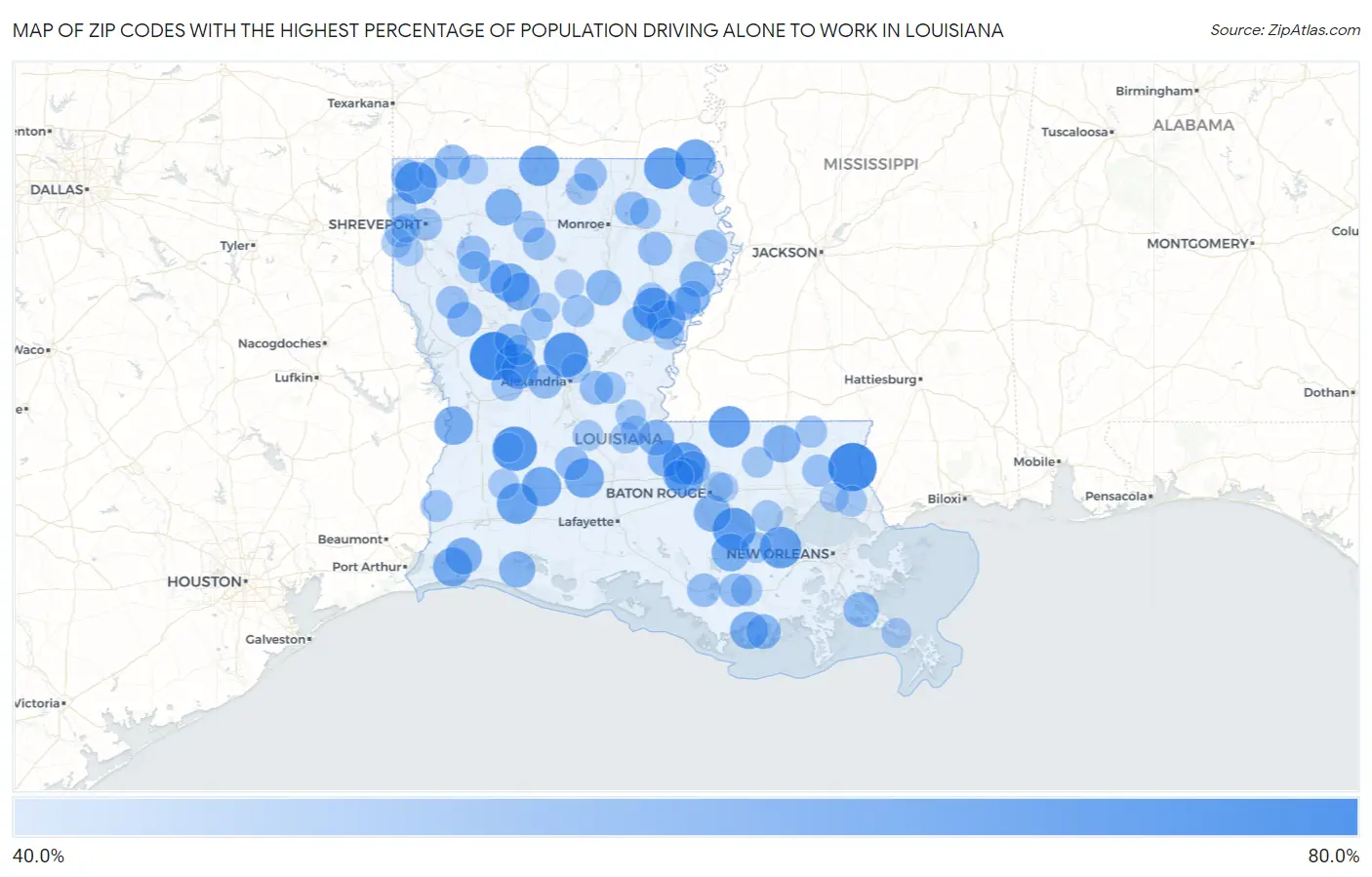 Zip Codes with the Highest Percentage of Population Driving Alone to Work in Louisiana Map