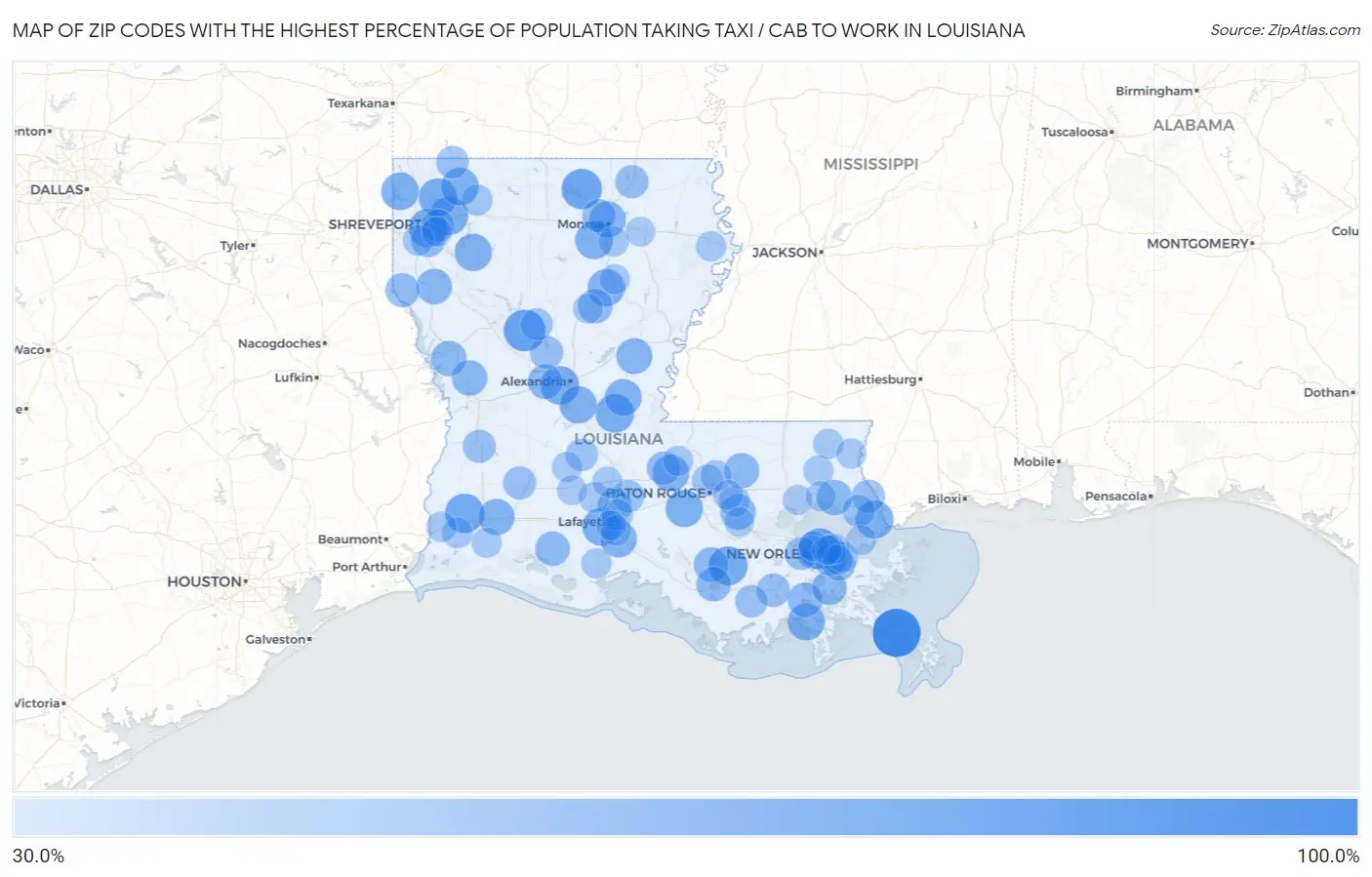 Zip Codes with the Highest Percentage of Population Taking Taxi / Cab to Work in Louisiana Map