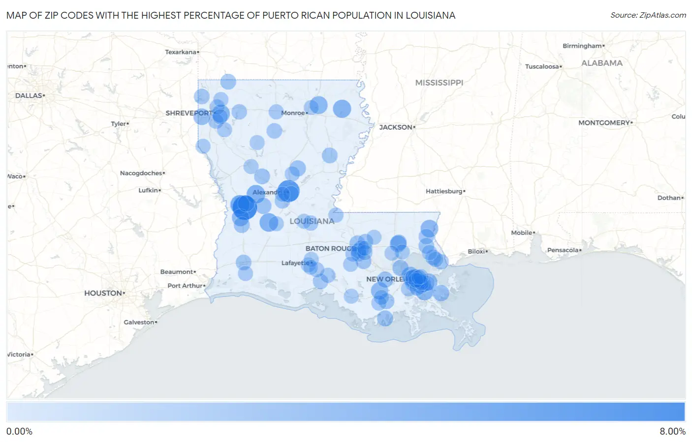 Zip Codes with the Highest Percentage of Puerto Rican Population in Louisiana Map