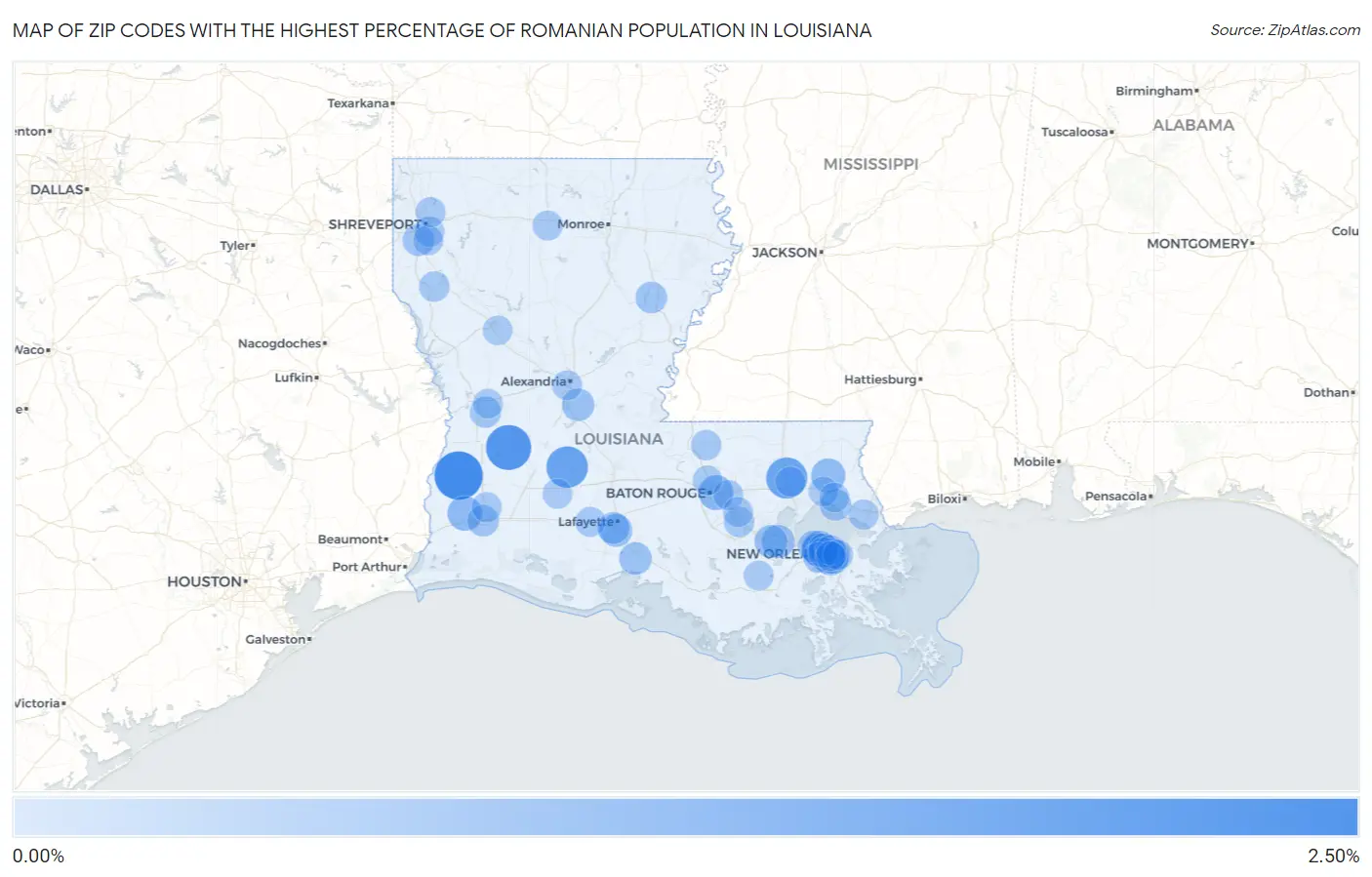 Zip Codes with the Highest Percentage of Romanian Population in Louisiana Map