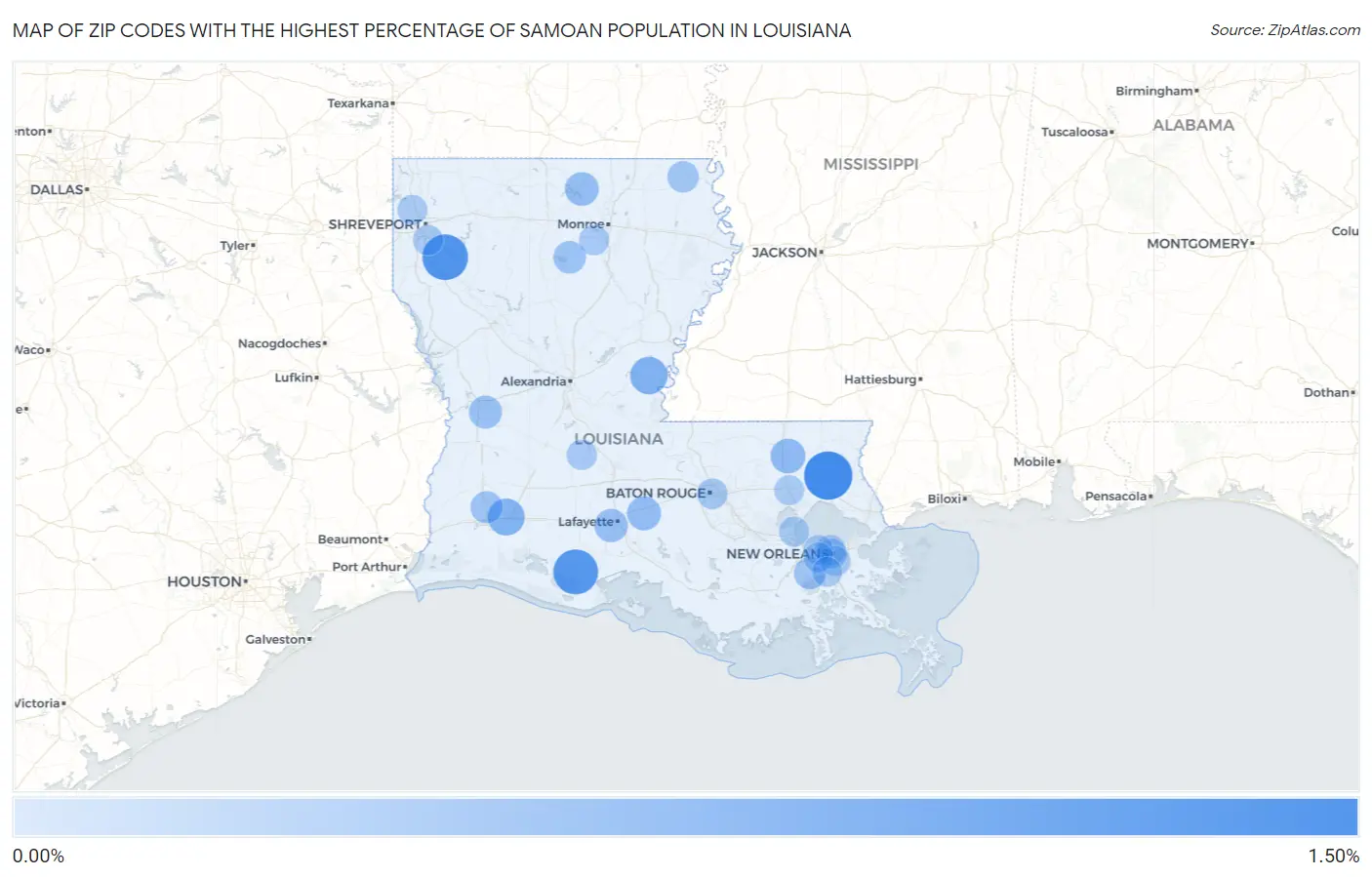 Zip Codes with the Highest Percentage of Samoan Population in Louisiana Map