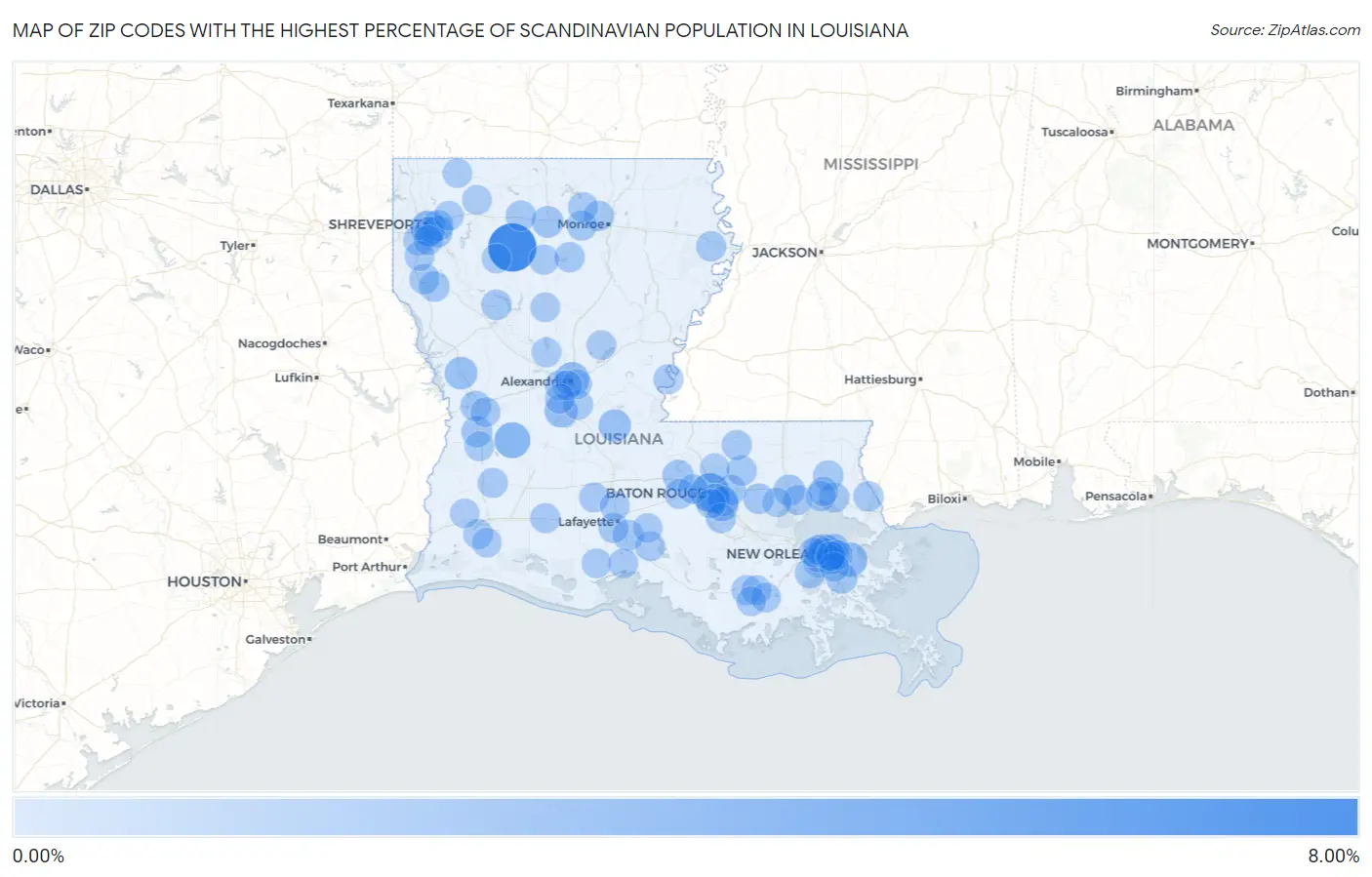 Zip Codes with the Highest Percentage of Scandinavian Population in Louisiana Map