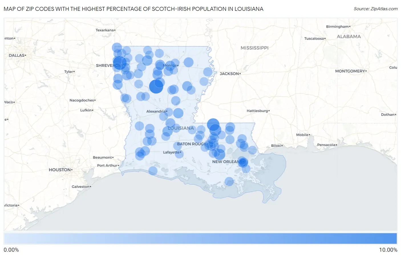 Zip Codes with the Highest Percentage of Scotch-Irish Population in Louisiana Map