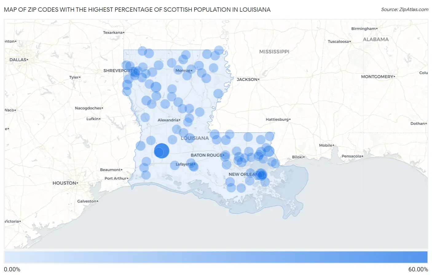 Zip Codes with the Highest Percentage of Scottish Population in Louisiana Map