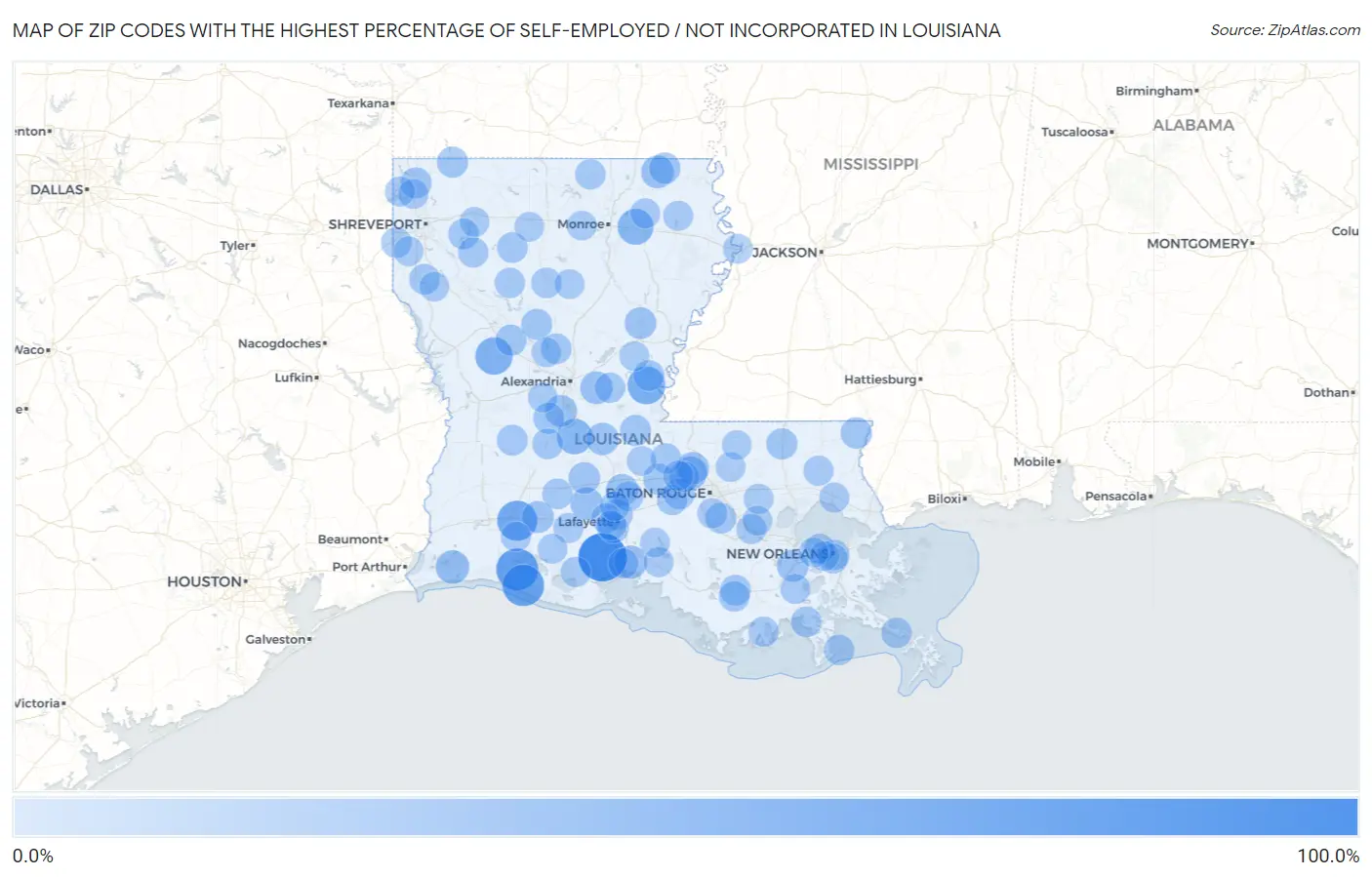 Zip Codes with the Highest Percentage of Self-Employed / Not Incorporated in Louisiana Map