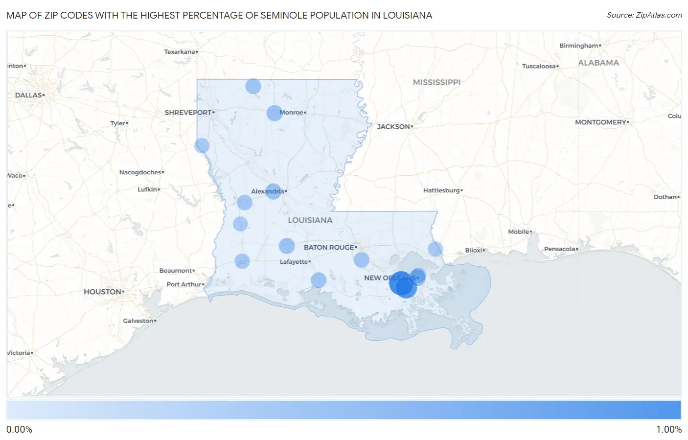 Zip Codes with the Highest Percentage of Seminole Population in Louisiana Map