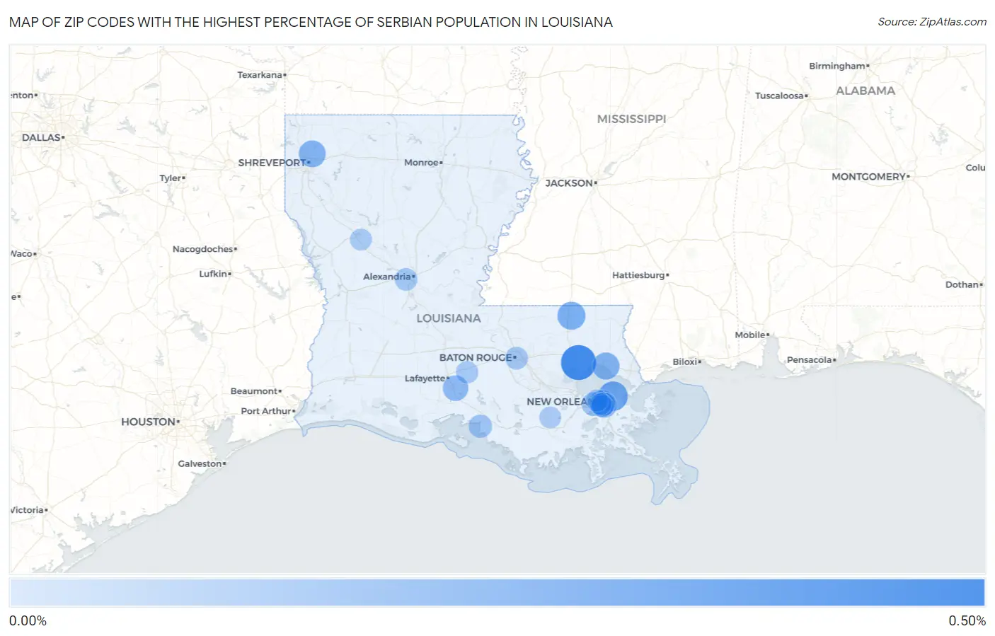 Zip Codes with the Highest Percentage of Serbian Population in Louisiana Map