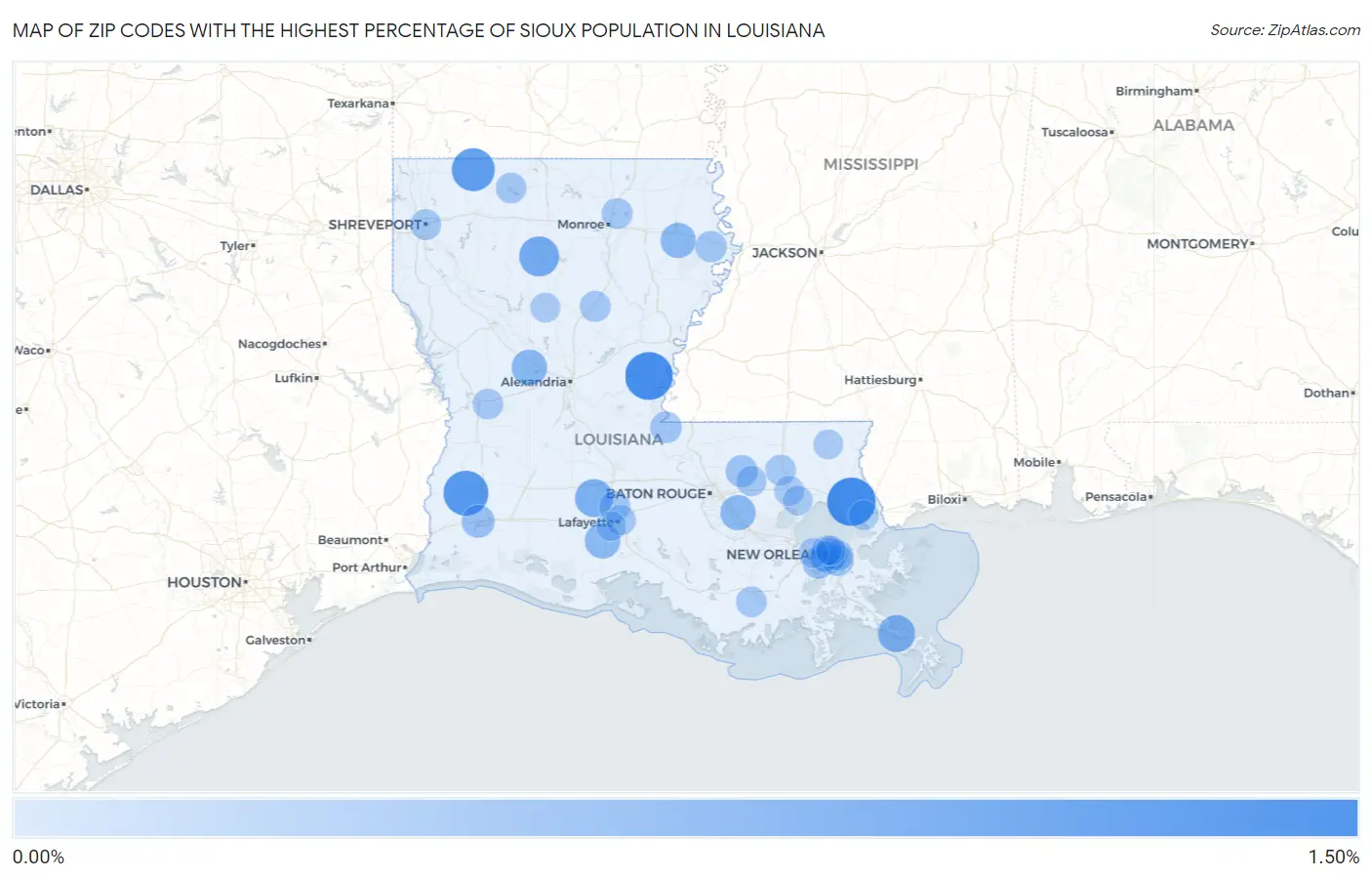 Zip Codes with the Highest Percentage of Sioux Population in Louisiana Map