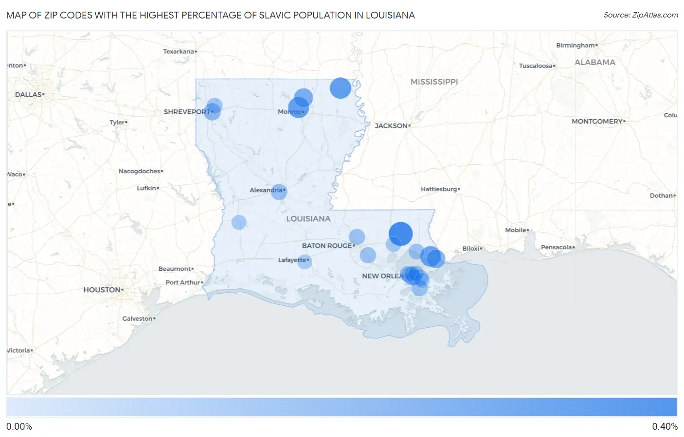 Zip Codes with the Highest Percentage of Slavic Population in Louisiana Map