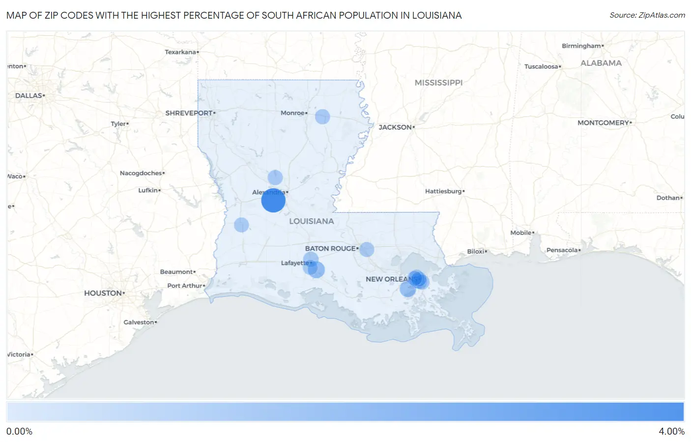 Zip Codes with the Highest Percentage of South African Population in Louisiana Map