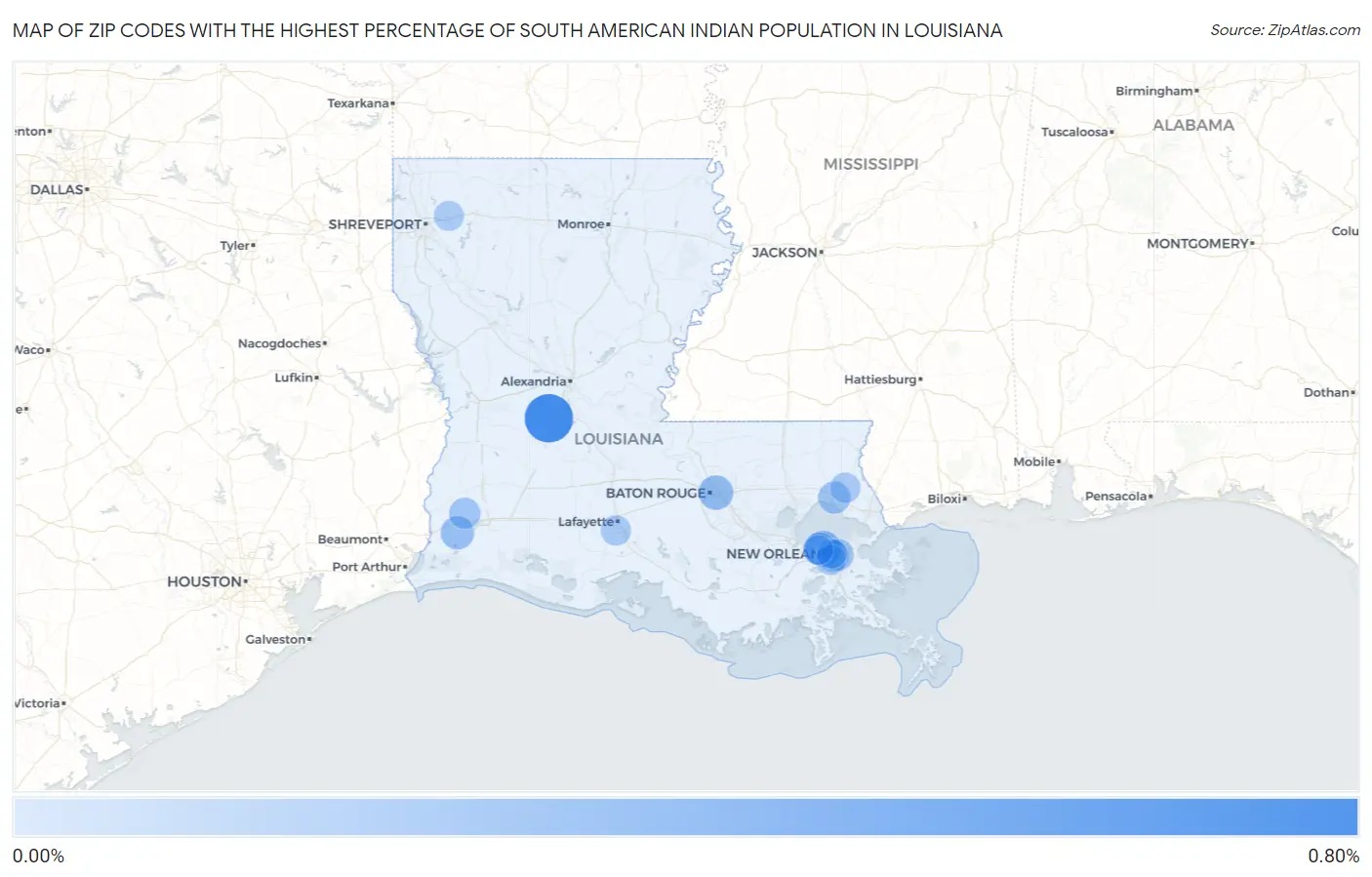 Zip Codes with the Highest Percentage of South American Indian Population in Louisiana Map