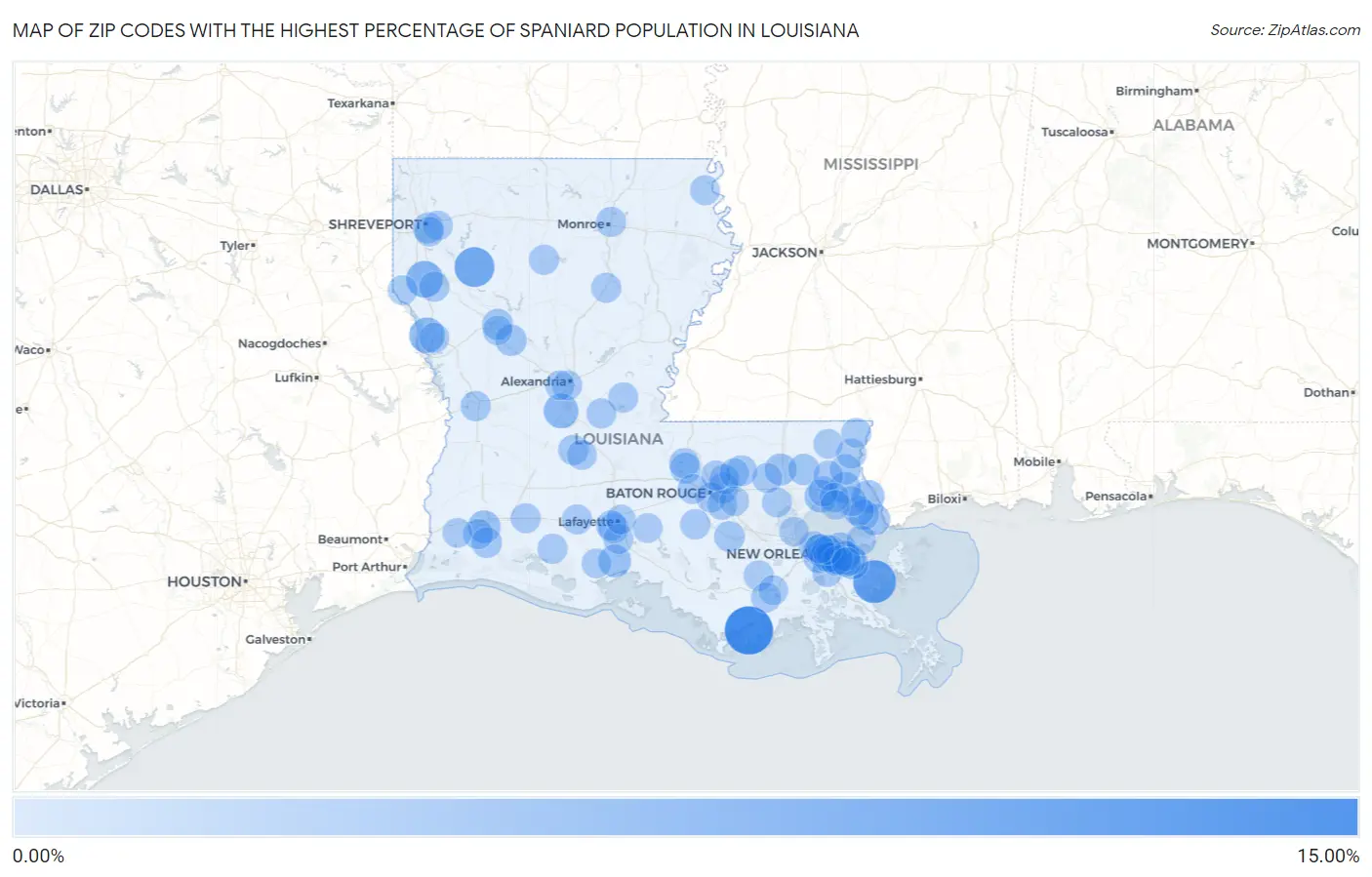 Zip Codes with the Highest Percentage of Spaniard Population in Louisiana Map