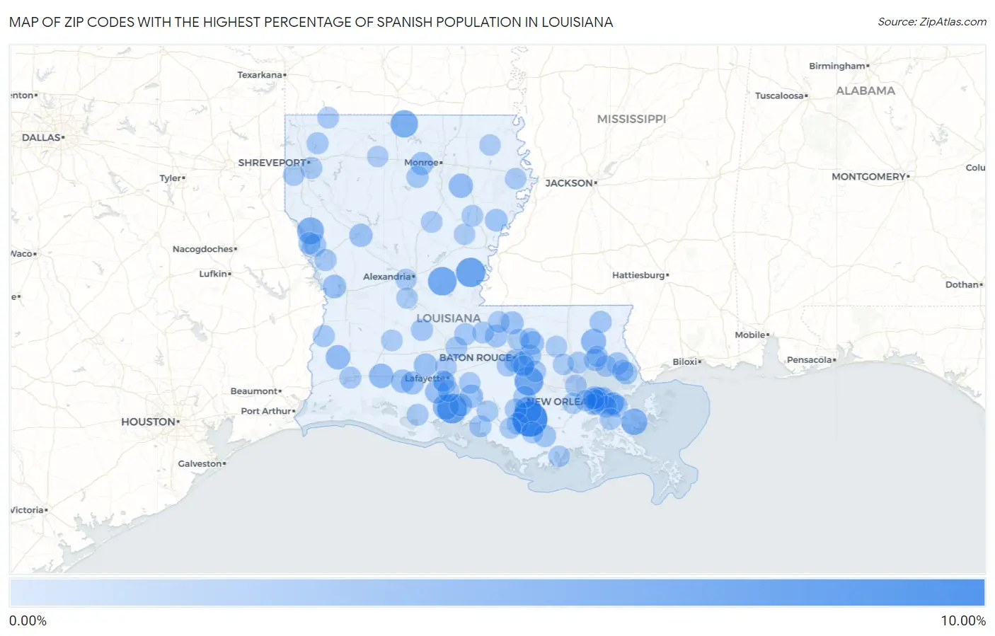 Zip Codes with the Highest Percentage of Spanish Population in Louisiana Map