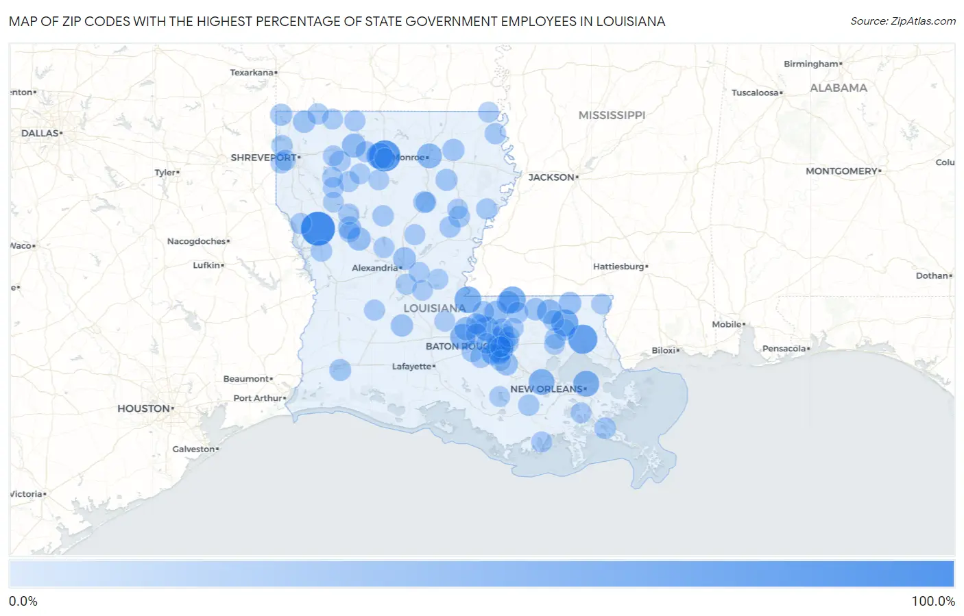 Zip Codes with the Highest Percentage of State Government Employees in Louisiana Map