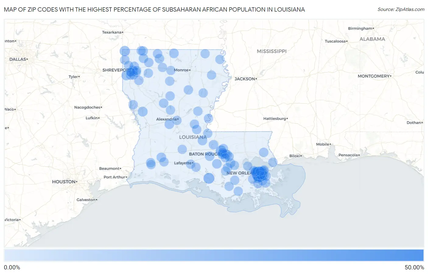 Zip Codes with the Highest Percentage of Subsaharan African Population in Louisiana Map